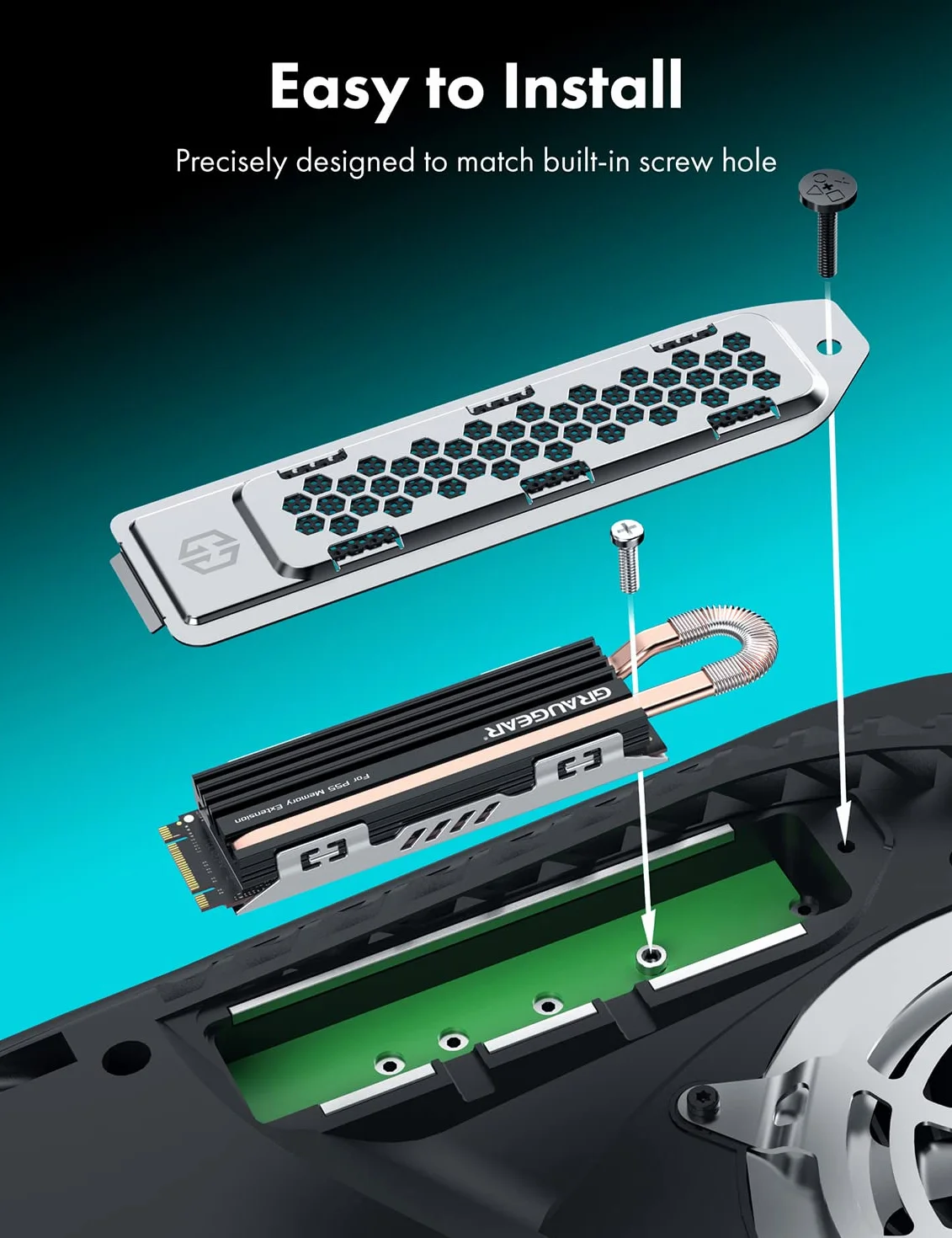 GRAUGEAR Radiator HeatPipe do M.2 NVMe SSD (2280), Playstation 5, PS5 Slim, do rozszerzenia pamięci PS5, z osłoną chroniącą przed kurzem.