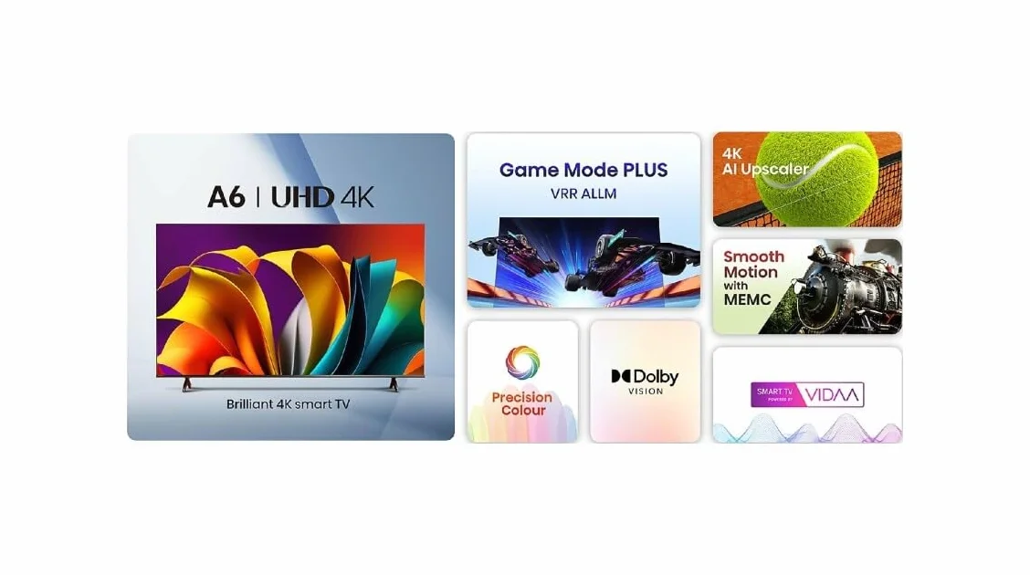 Hisense Smart TV 43 cali 43A6N 4K UHD, Dolby Vision, HDR, VIDAA z Youtube, Netflix, Disney+, kanał+(model 2024)