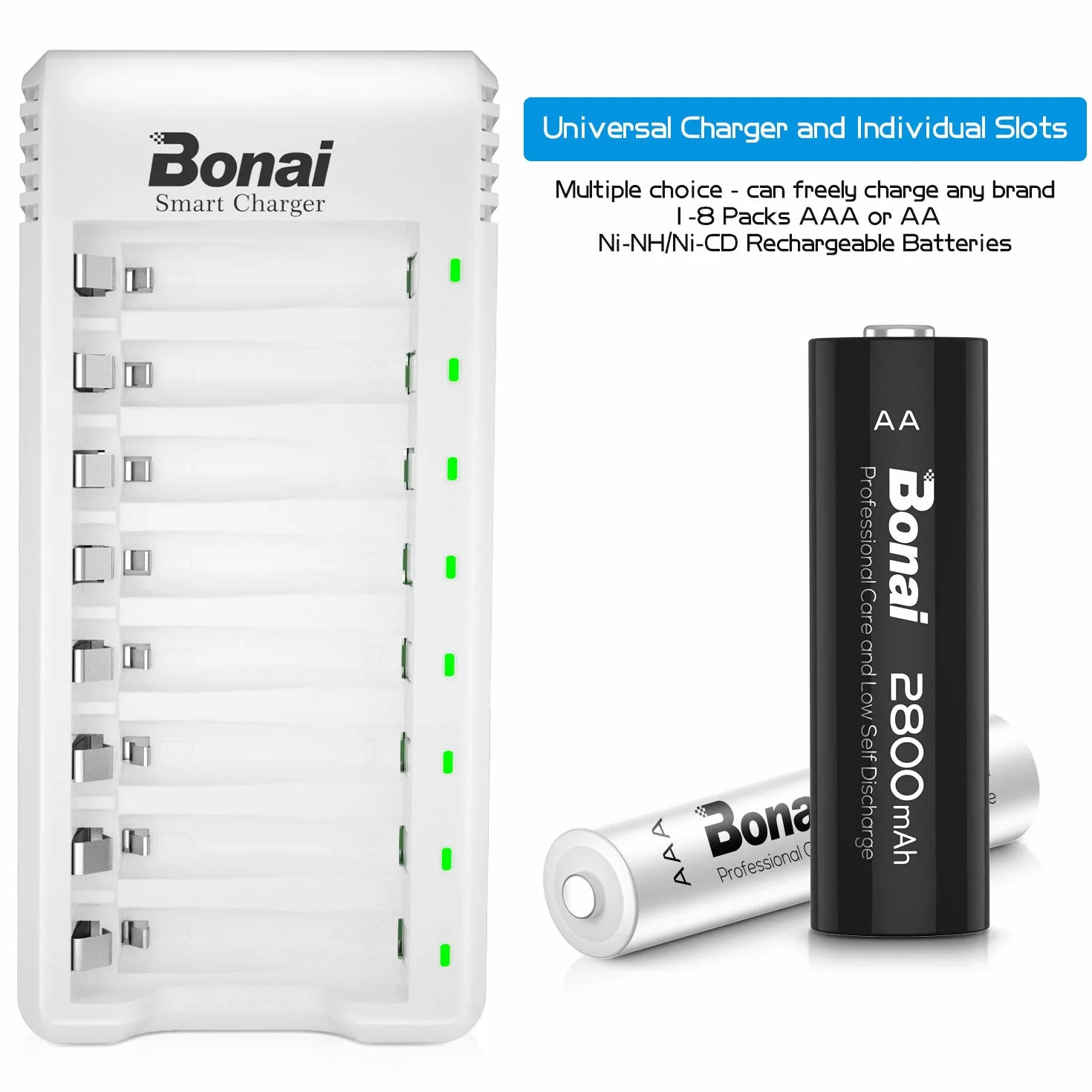 BONAI Ładowarka do akumulatorów 8 gniazd AAA AA Micro USB 2800 mAh 1100 mAh