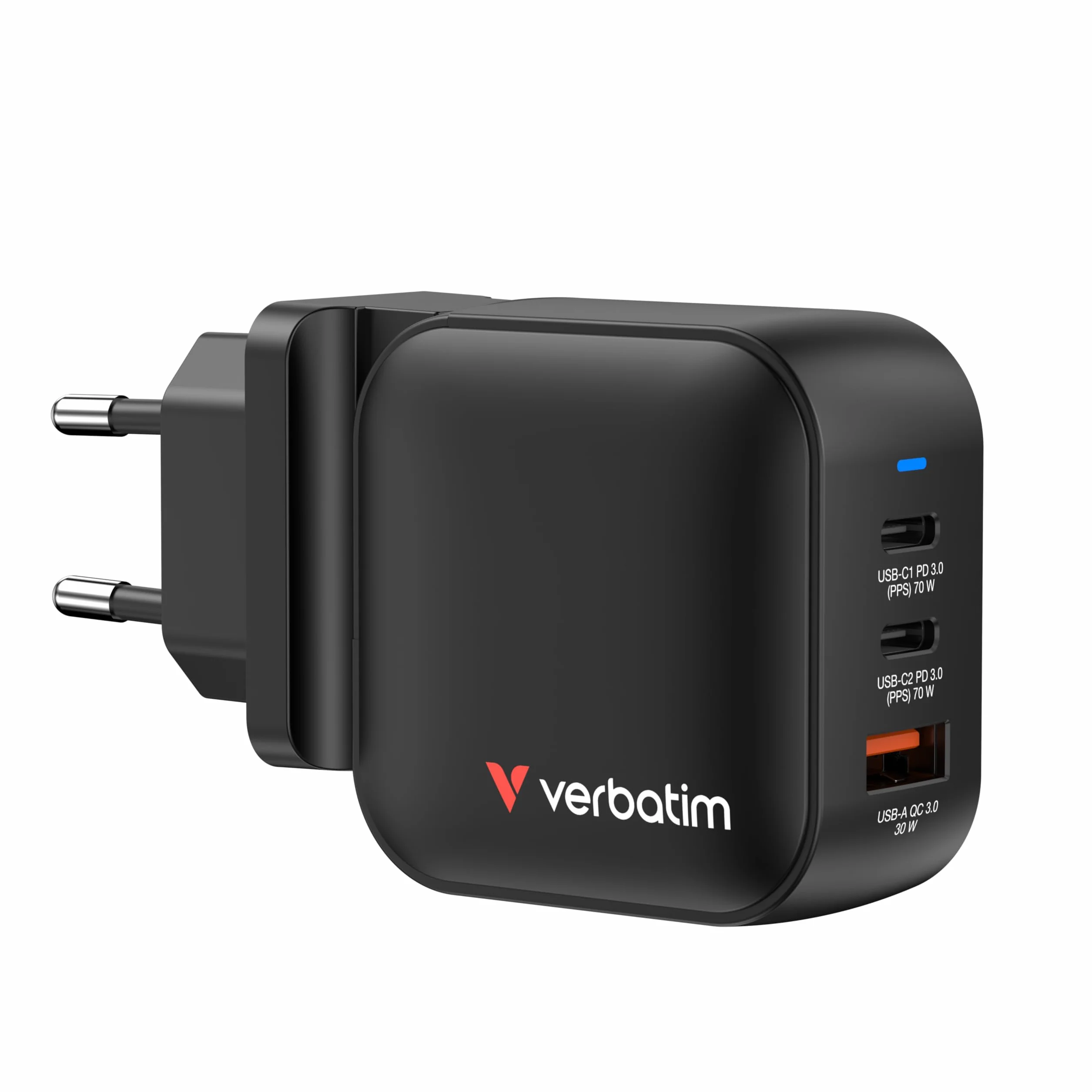 Verbatim Mini GaN Charger 70 W, 3 porty USB-C ładowarka z 2 x USB-C i 1 x USB-A, szybka ładowarka jako wtyczka wielokrotna, do Apple iPad, iPhone, Samsung & Co, do UE, UK, USA