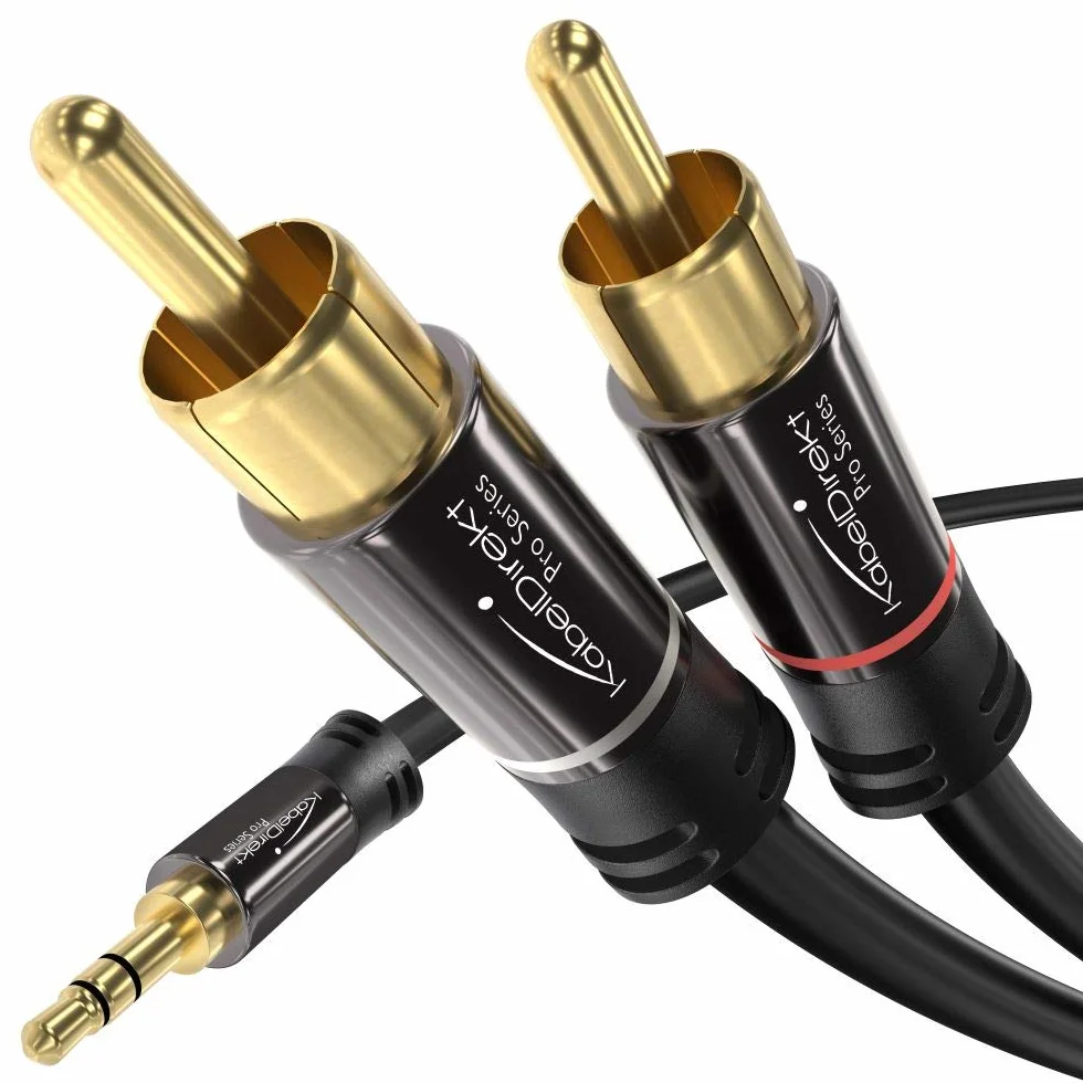 KabelDirekt – Adapter kabelkowy Cinch na Jack 3,5 mm – 2 m – Wielofunkcyjny kabel audio Plug-and-Play (AUX/3,5 mm do 2x Cinch/RCA do podłączenia smartfona, tabletu, kina domowego, telewizora)