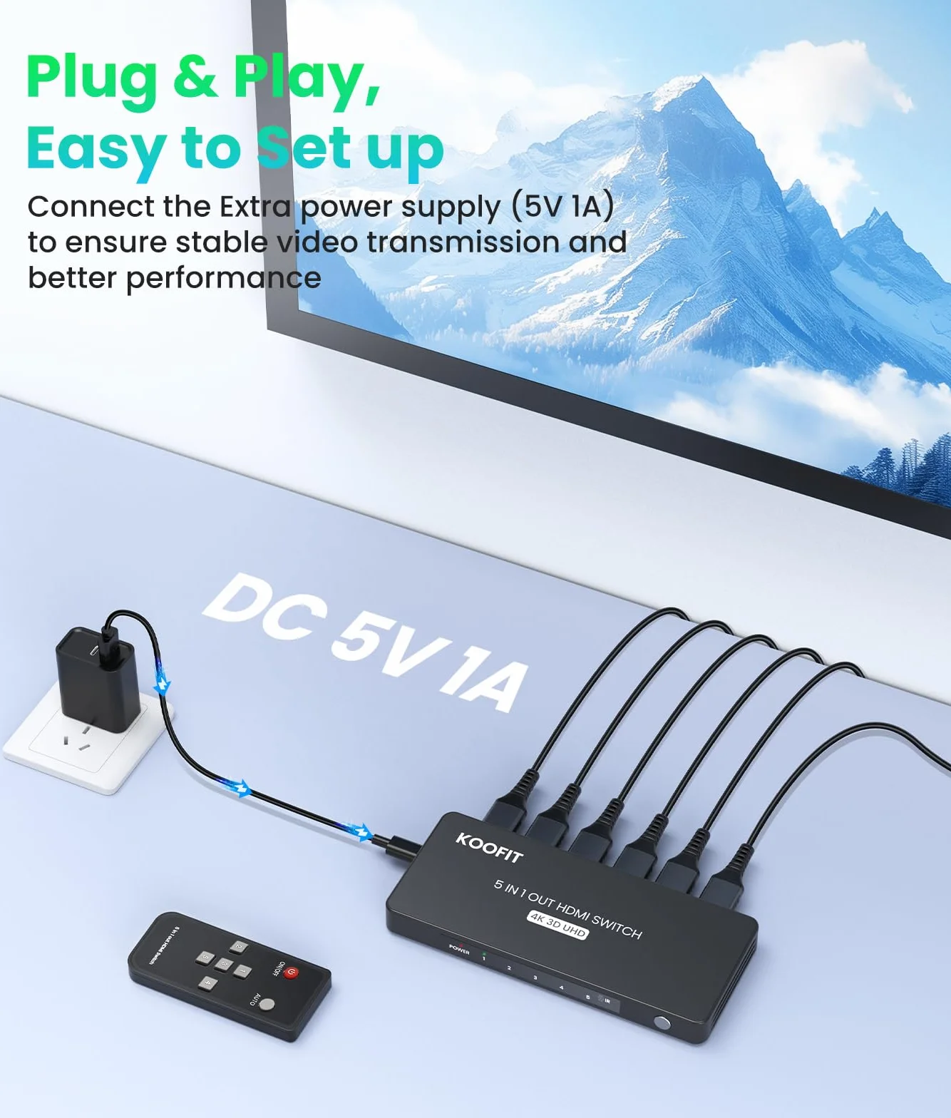 Przełącznik HDMI 5 wejść 1 wyjście, przełącznik rozdzielacz HDMI 4K z pilotem, automatyczny przełącznik obsługuje 4K 3D UHD HDR dla PS5, PS4, PS3, Roku, DVD, Blu-ray, Xbox, PC, TV