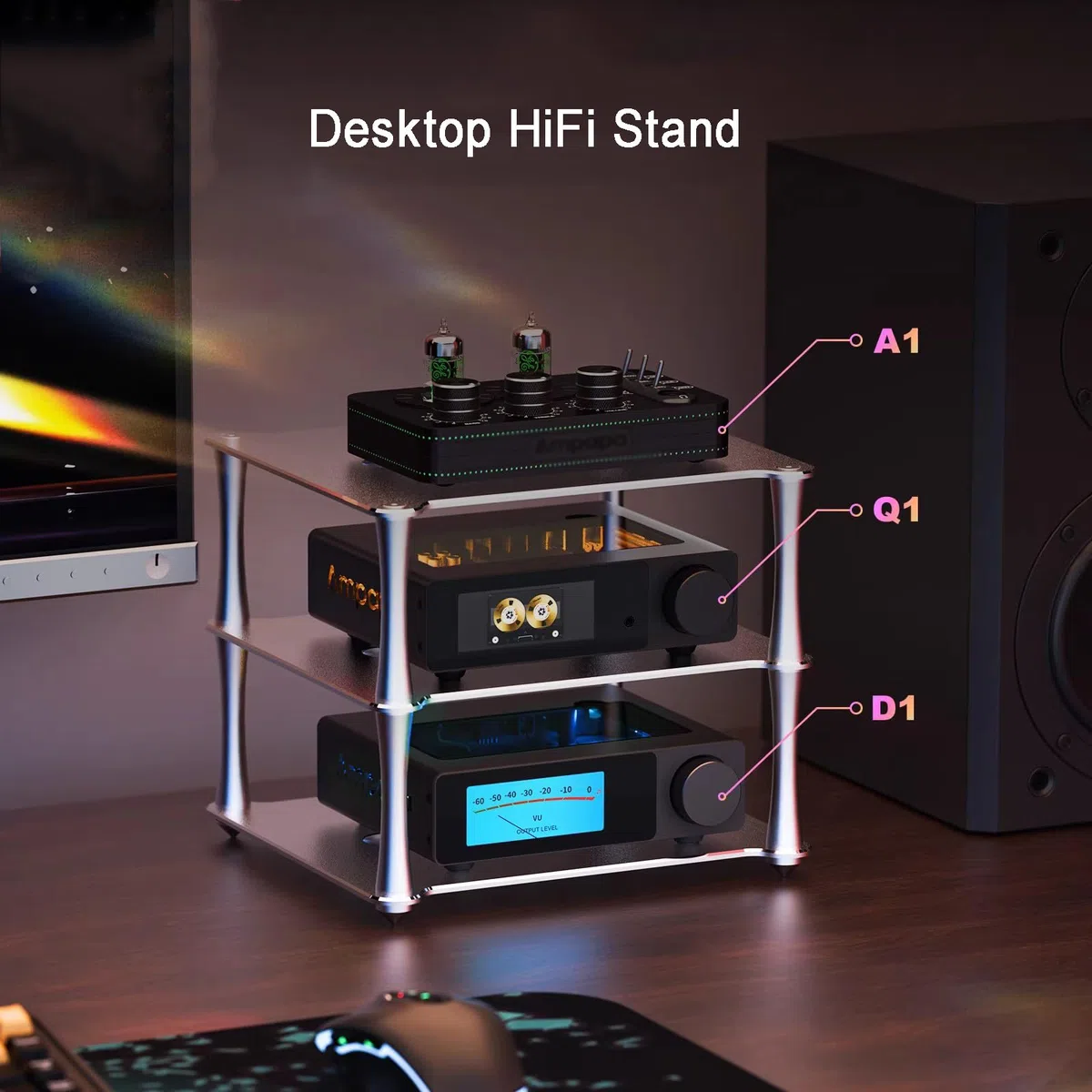 Mini stojak na komponenty audio, 3-poziomowy stojak na wzmacniacz, stojak na biurko ze stopu aluminium, z wentylowanymi otworami, do sprzętu audio HiFi, wzmacniacz Dac, srebrny