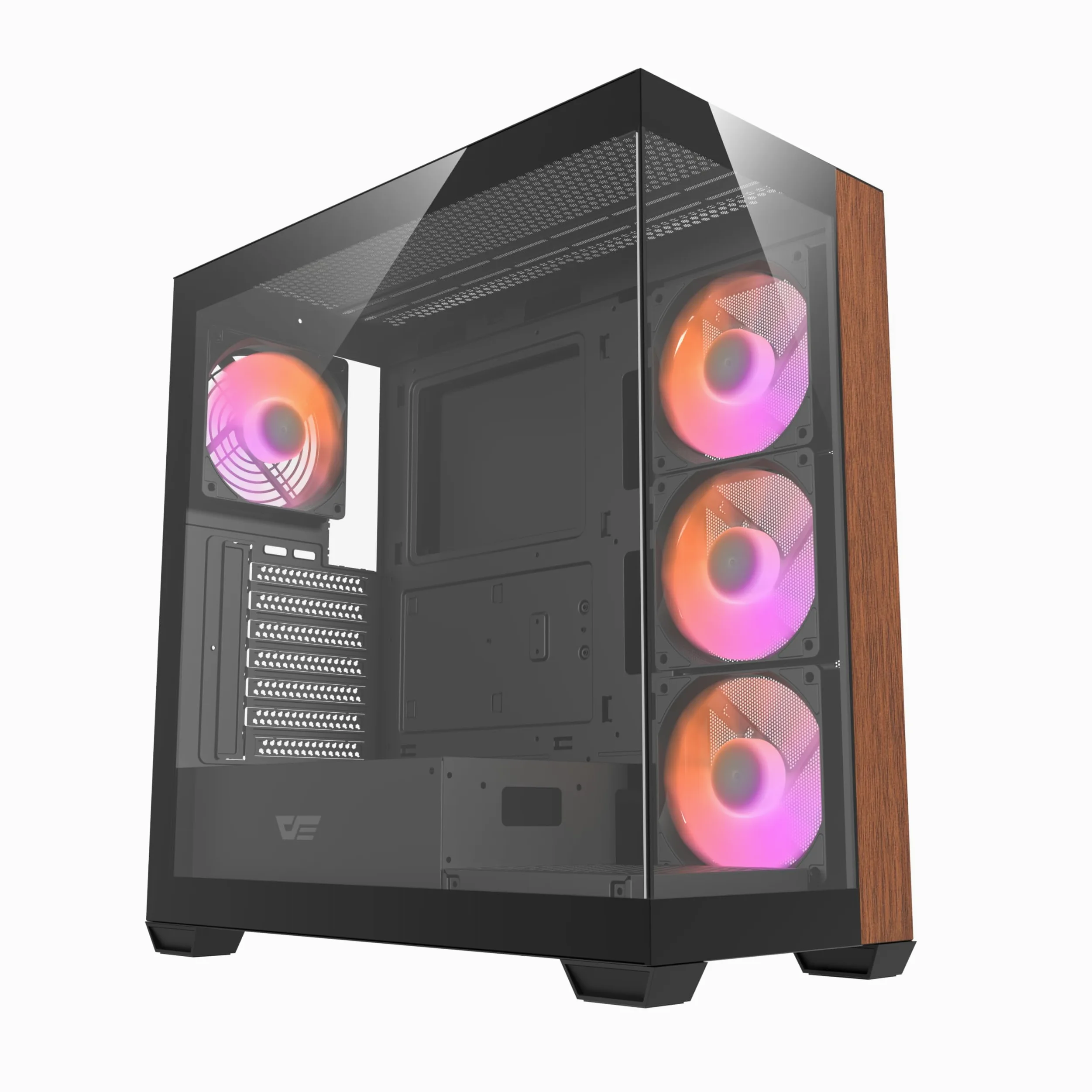 DarkFlash DS900W, PC do gier ATX, panel boczny i przedni ze szkła hartowanego, 4 wentylatory ARGB, drewniany design, USB-C