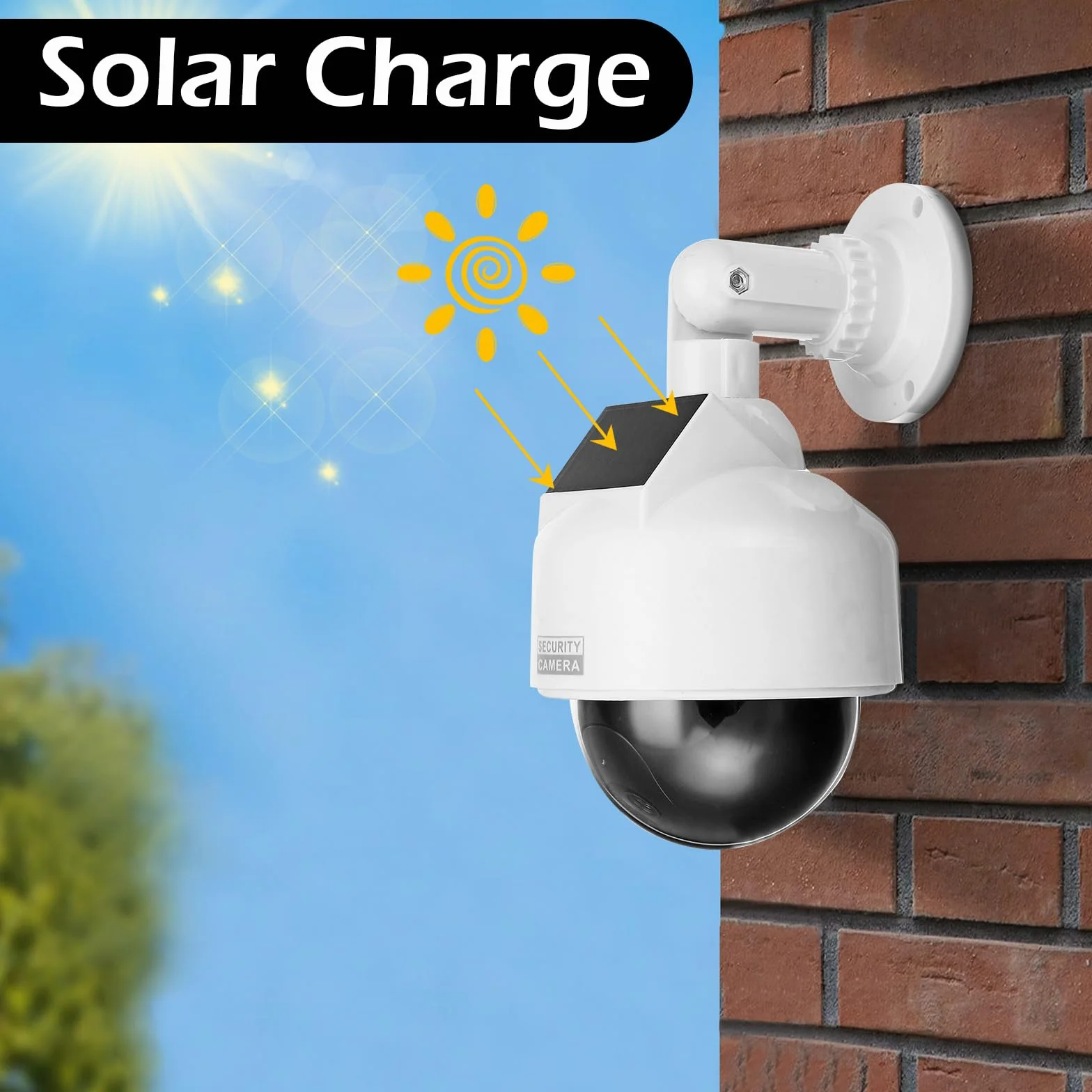 Dummy Speed Dome z energią słoneczną: sztuczna atrapa kamery monitoringowej z czerwoną migającą diodą LED, wodoszczelna, zasilana energią słoneczną, do użytku wewnątrz i na zewnątrz