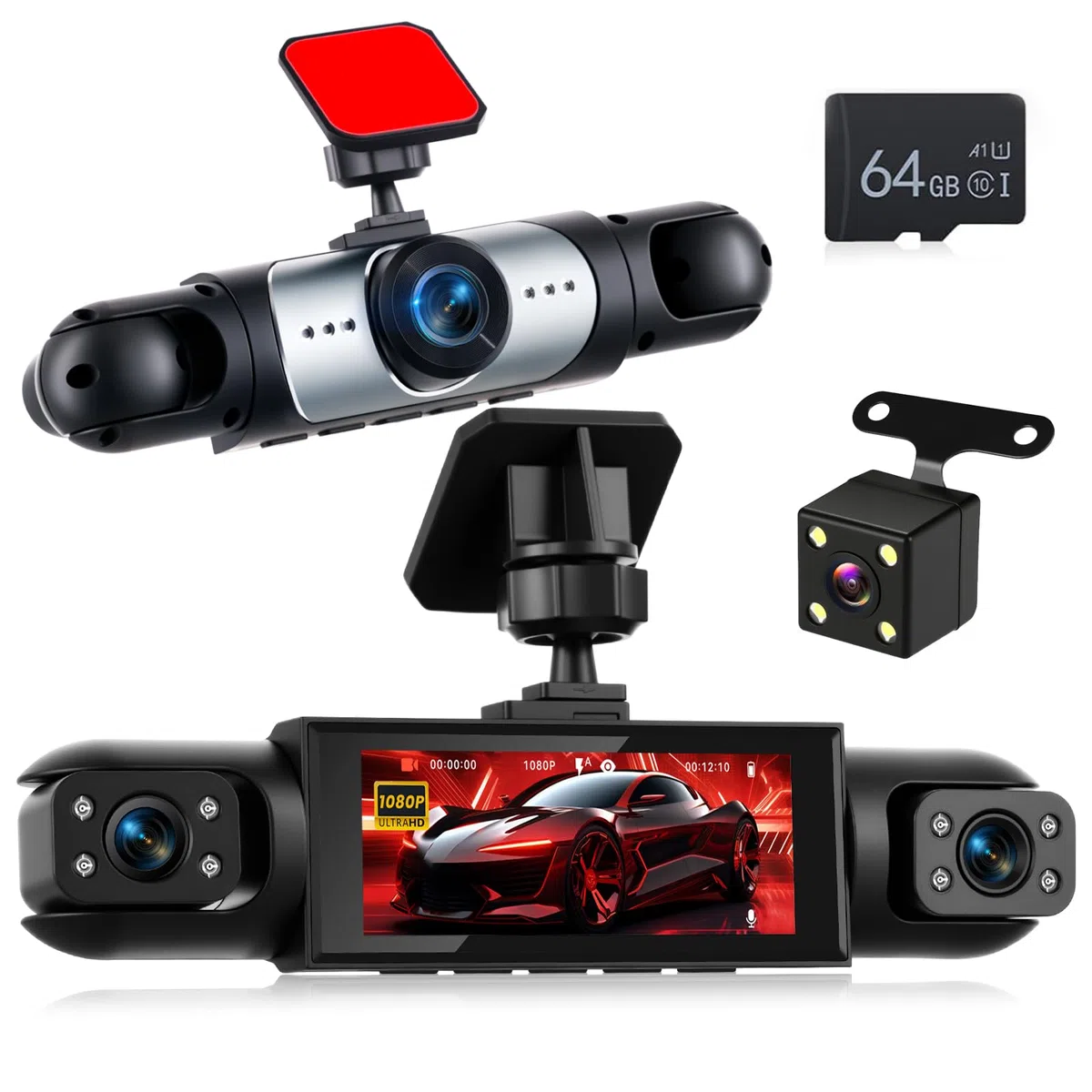 NHOPEEW 4-kanałowa kamera na deskę rozdzielczą 1080p – przednia, lewa, prawa i tylna kamera z szerokim kątem, wyświetlacz 3,16 cala, widoczność w nocy, nagrywanie w pętli, wykrywanie ruchu