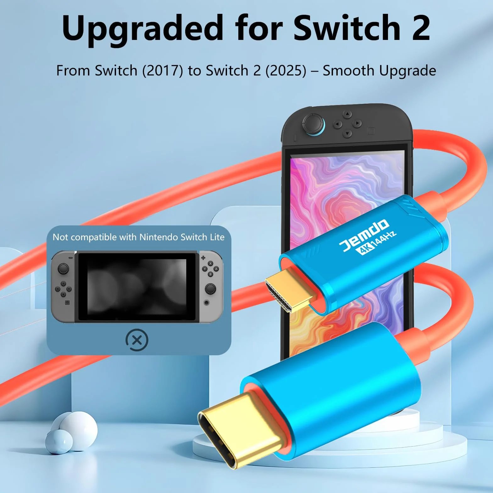 JEMDO Switch 2-Dock HDMI kabel USB C 3.2 na HDMI 4K 144 Hz 48 Gbps PD 100 W, przenośny adapter, kompatybilny z Nintendo Switch 2/OLED/2017, Steam Deck, ROG Ally