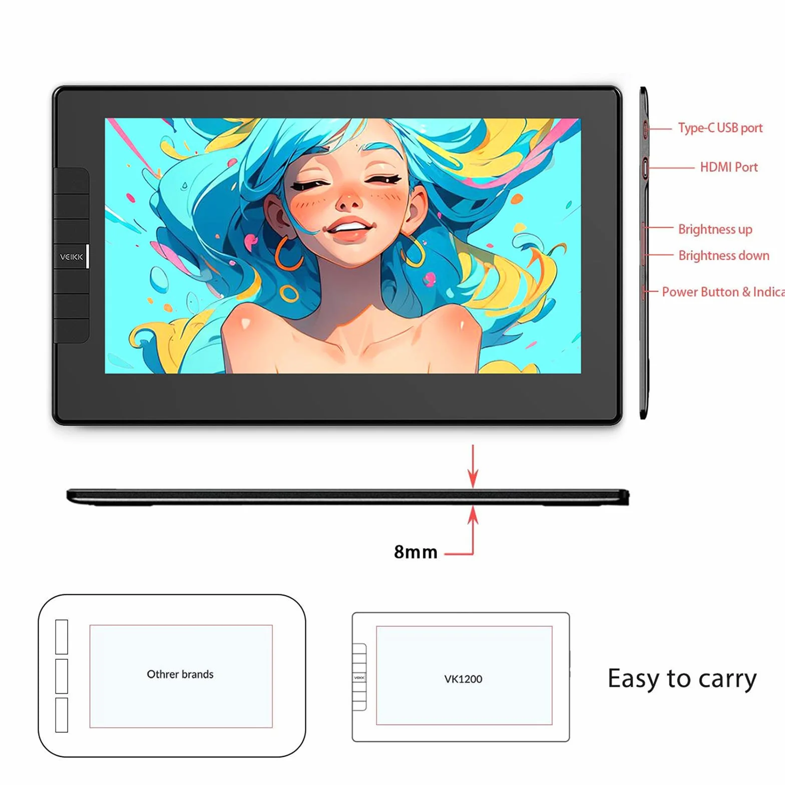 VEIKK VK1200V2 Tablet graficzny z ekranem 120% sRGB, ekran IPS Full HD, 6 klawiszy skrótów, rysik bez baterii, kompatybilny z systemami Linux / Windows / Mac 11,6"