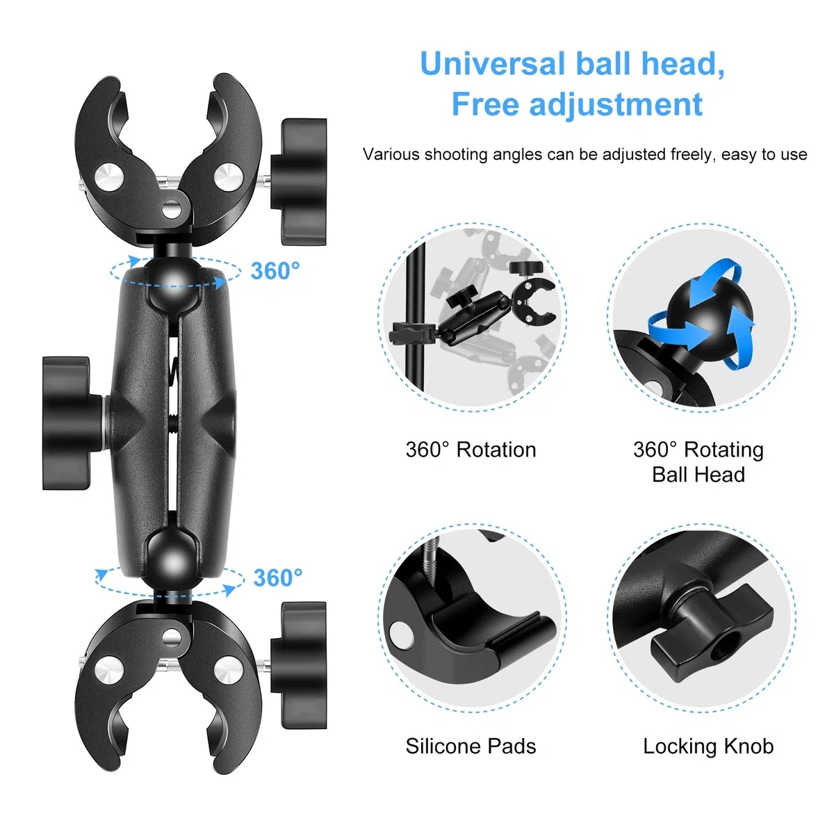 PULUZ Super Clamp Podwójny uchwyt na kamerę, uchwyt na szczypce kraba, magiczne ramię, podwójna głowica kulowa, adapter do parasola, do motocykla, roweru, poprzeczek, biurka, stojaka na światło,