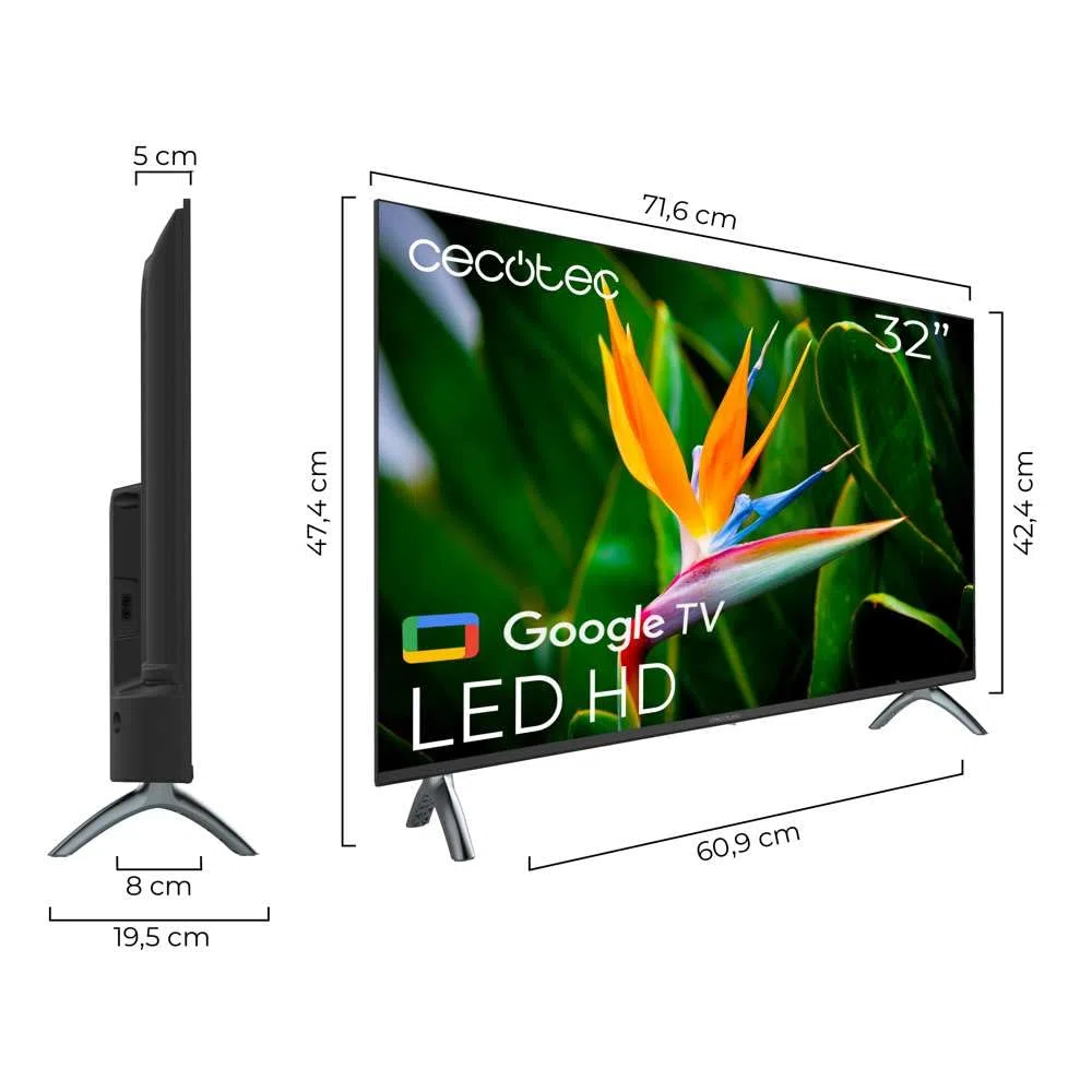 Cecotec Smart TV - 32-calowy telewizor LED o rozdzielczości HD - seria A4 ALH40032S. System operacyjny Google TV, Dolby Audio, HDR10, 16 GB ROM, Bluetooth, Google Voice Assistant i Chromecast