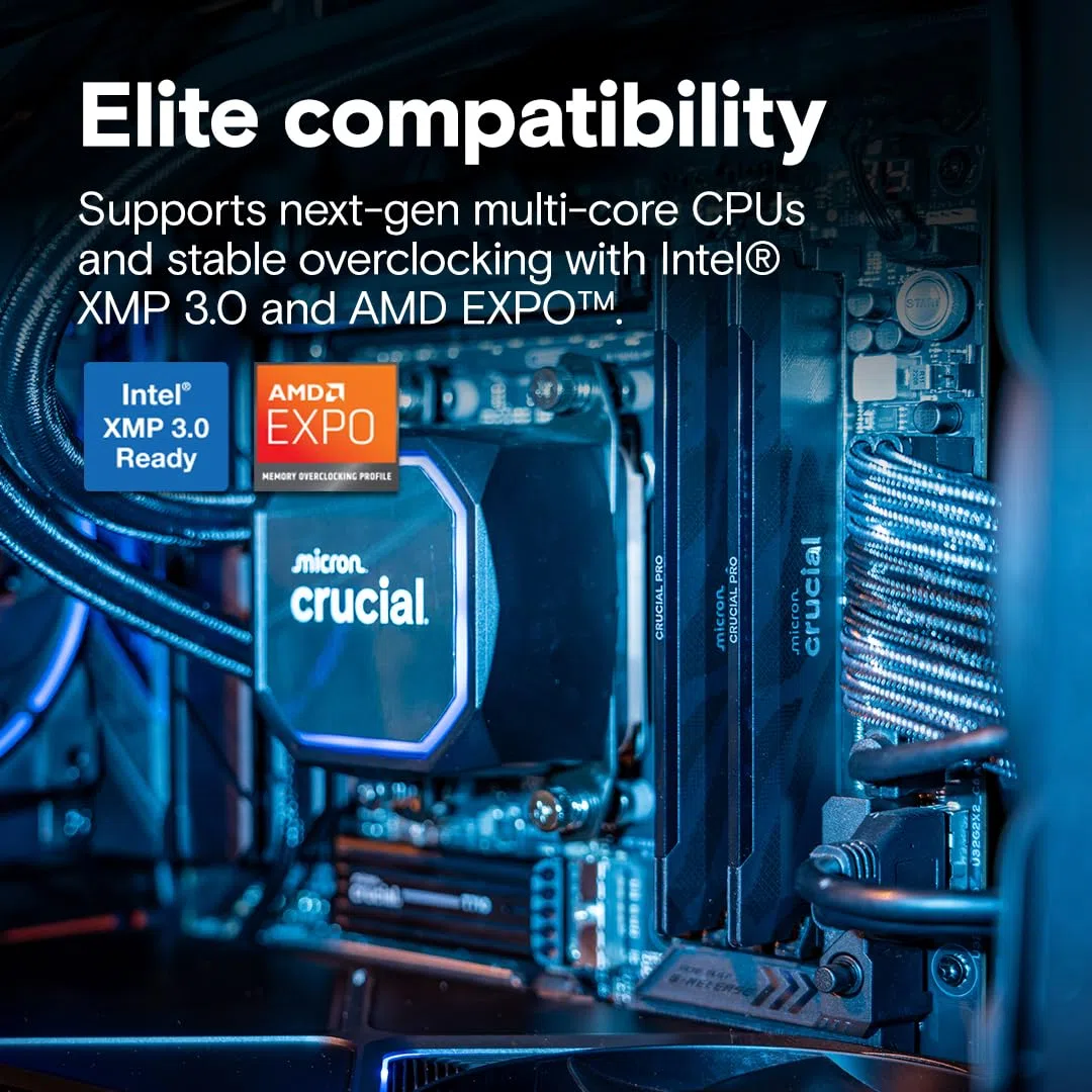 Crucial Pro DDR5 RAM 32 GB Kit (2 x 16 GB), 6400 MHz CL32, pamięć do gier pulpitowych, kompatybilna z Intel XMP 3.0 i AMD Expo, czarny - CP2K16G64C32U5B
