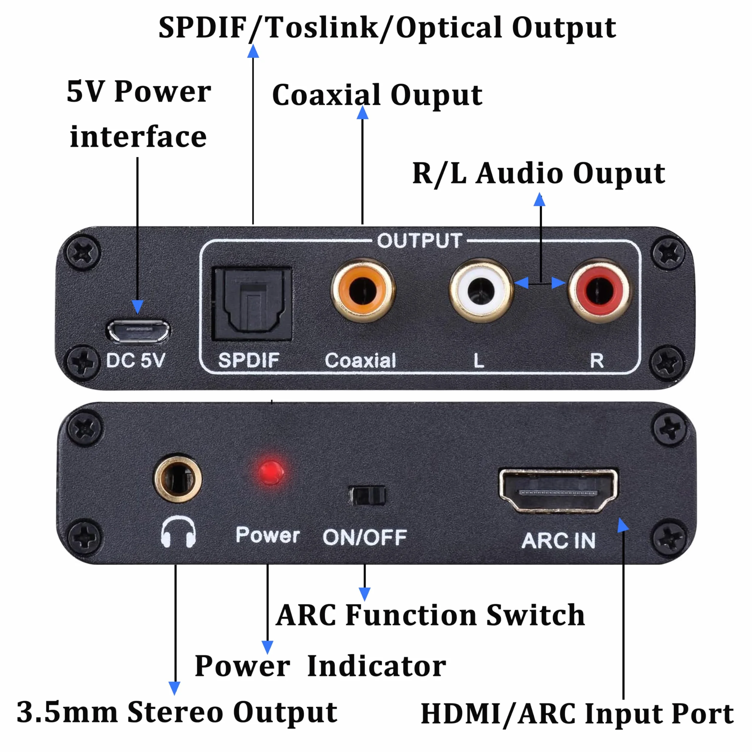 HDMI ARC Audio Konwerter, HDMI ARC Ekstraktor Adapter z Cyfrowy Optyczny Toslink SPDIF Koncentryczny oraz Analogowe RCA L/R 3,5 mm Stereo Audio Konwerter dla HDTV Wzmacniacz Soundbar Głośnik