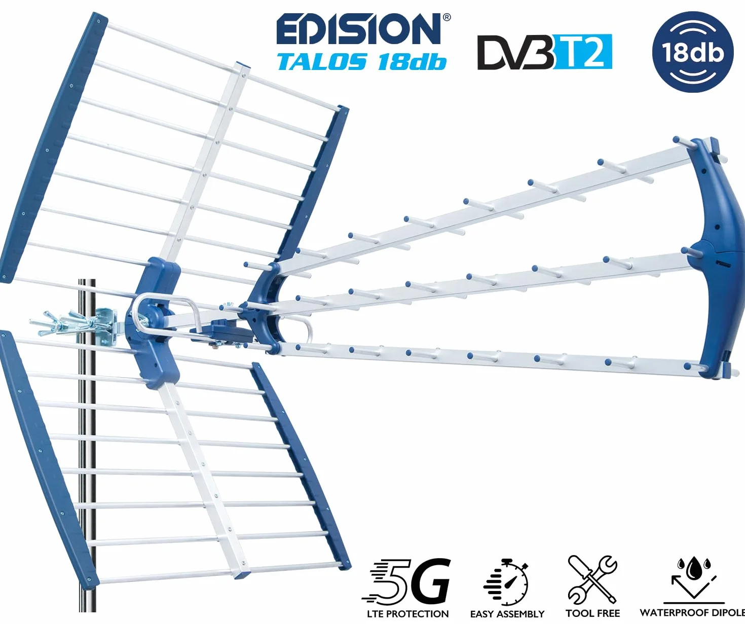 EDISION TALOS 18db Potrójna cyfrowa antena naziemna UHF 21-48, z odcięciem 5G LTE, idealna do odbioru kanałów cyfrowej telewizji naziemnej DVB-T/T2, długość 47cm, niebieska i aluminiowa