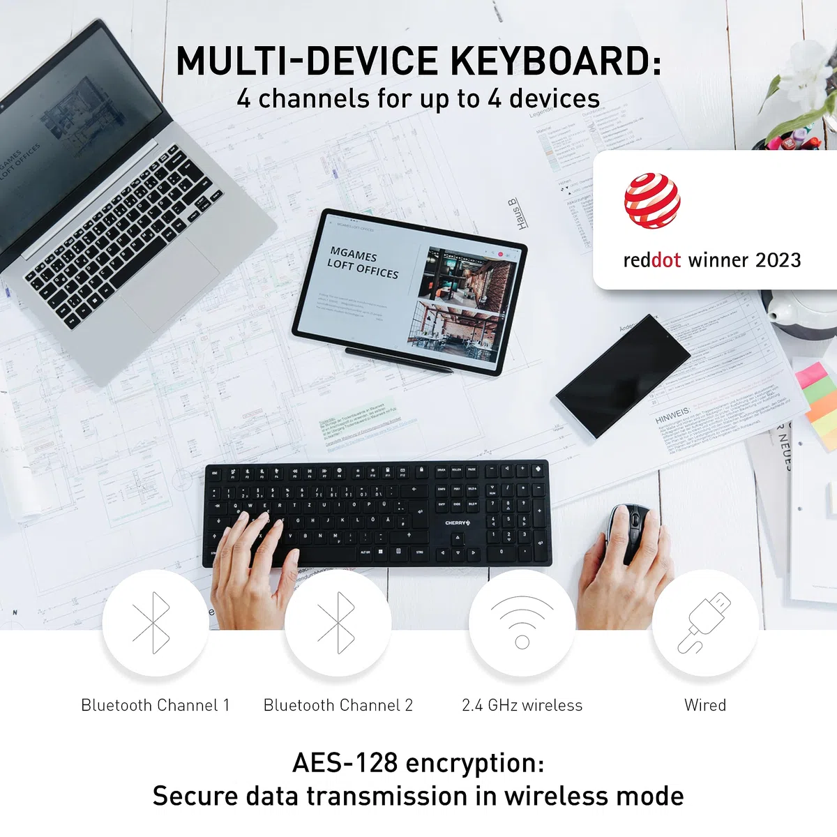 CHERRY KW X ULP, ultra płaska mechaniczna klawiatura high-end, układ US-International (QWERTY), bezprzewodowa klawiatura multi-device dla maksymalnie 4 urządzeń, ładowalna, czarny