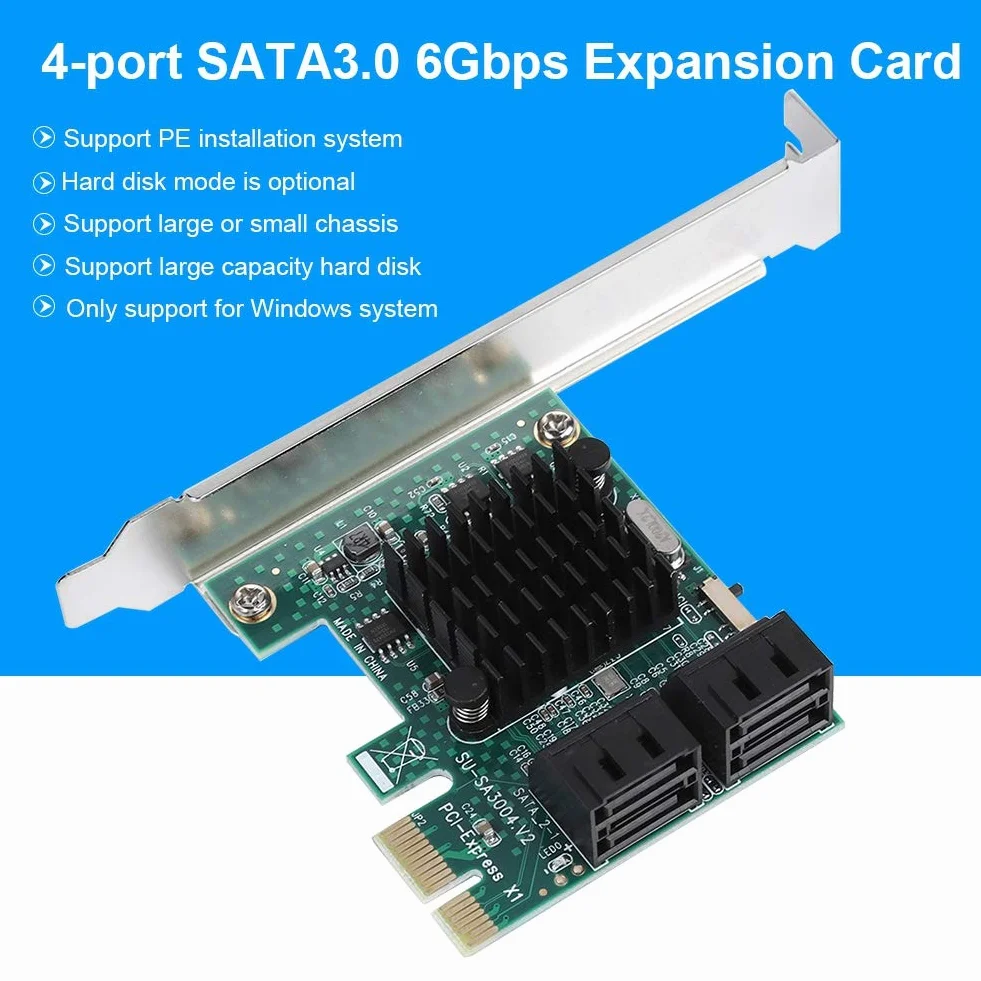 Goshyda Karta rozszerzeń SATA 3.0, 4-portowa karta rozszerzeń PCIE do SATA 3.0, adapter karty kontrolera 6G z większym radiatorem i przegrodą 2U