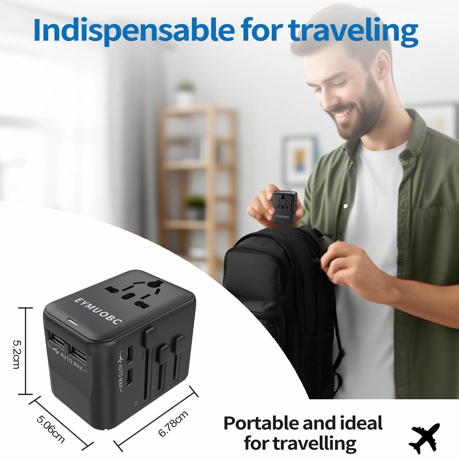 Uniwersalny adapter podróży na całym świecie z 2 portami USB-C i 2 portami USB-A, międzynarodowy adapter wtyczki,wtyczka podróżna adapter na całym świecie do USA, Anglii, Australii