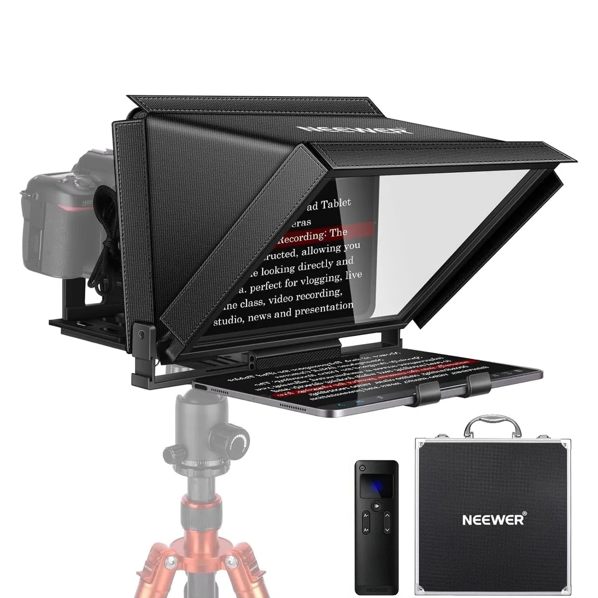 NEEWER X12 Teleprompter ze stopu aluminium 35.6 cm do iPada, tabletu, smartfona, lustrzanek cyfrowych, z pilotem, futerał, aplikacja kompatybilna z systemem iOS/Android do nauczania online, vloggera