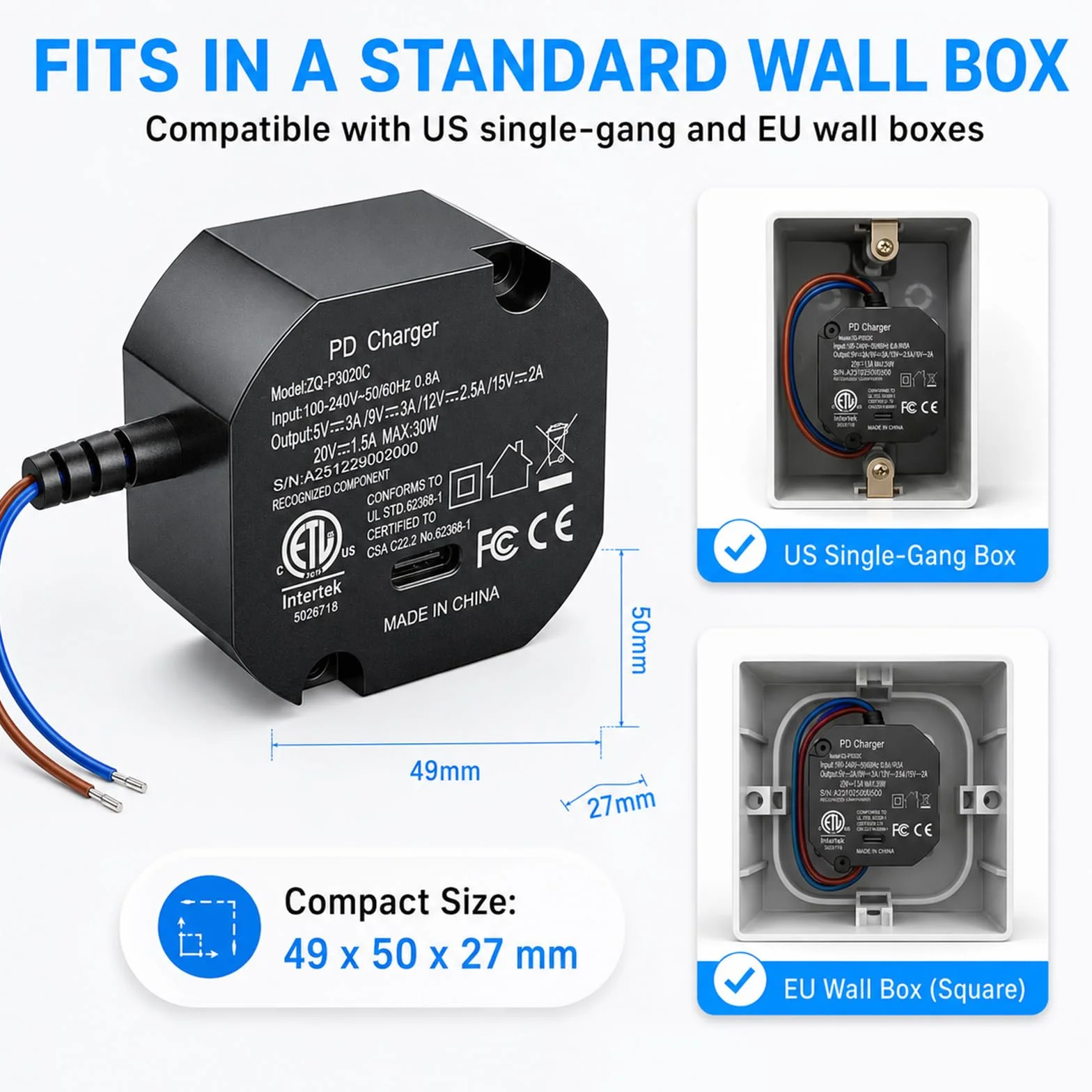 Ładowarka USB typu C 30 W, montaż ścienny AC na typ C, zasilacz do tabletu podtynkowego, zasilacz PD3.0, szybka ładowarka 100-240 V 5 V3A/9V3A/12V2.5A/15V2A/20V1.5A ładowarka do skrzynki Junction Box