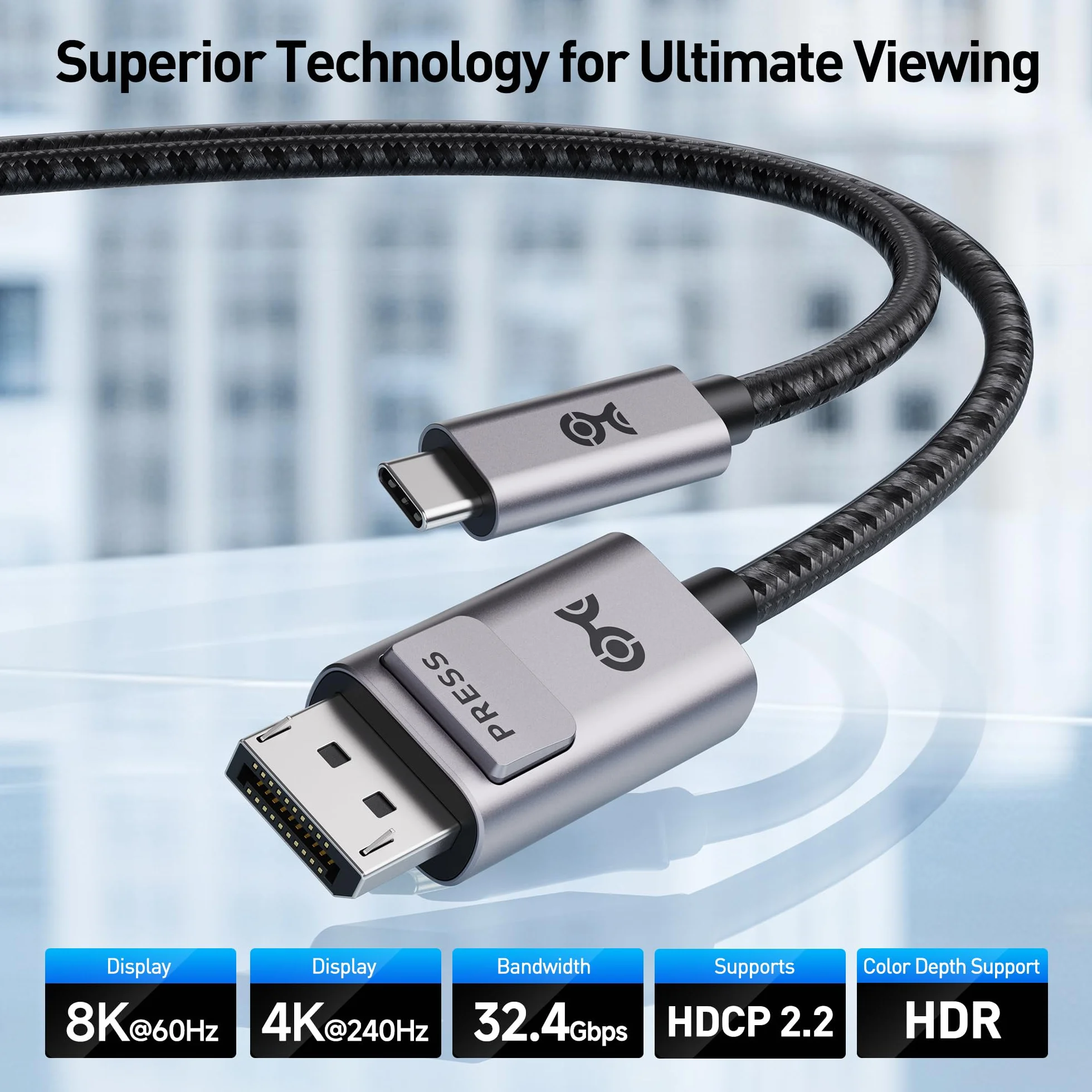 Cable Matters Wysokiej jakości pleciony kabel USB-C na DisplayPort 1,8 m (kabel USB C do DP) obsługuje 8K 60 Hz w kolorze szarym - Thunderbolt 4 / USB 4 kompatybilny z MacBook Pro Dell XPS, iPhone 15