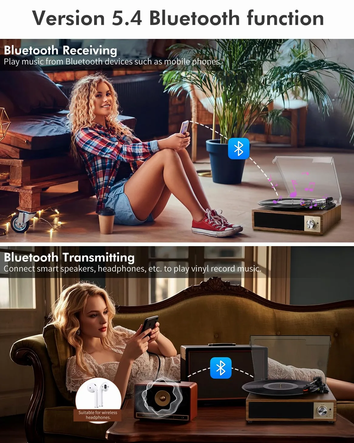 VIFLYKOO Gramofon, Bluetooth 5.4 z 2 Głośnikami Stereo, Bezprzewodowy 3-Biegowy 33/45/78 obr./min, Odtwarzacz Winylowy Obsługuje Wejście Słuchawkowe/Wejście AUX/Wyjście RCA/USB
