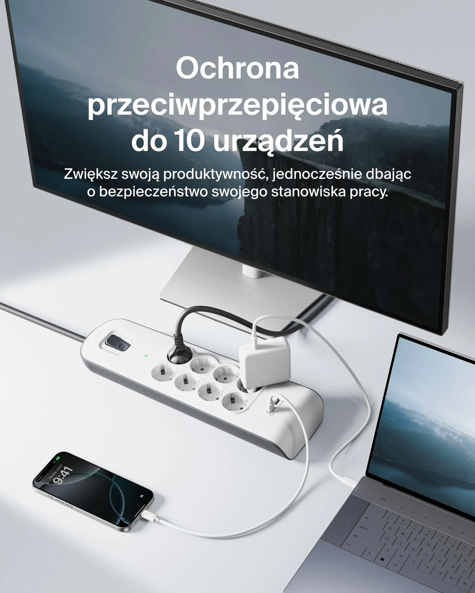 Belkin 8-gniazdowa listwa antyprzepięciowa z portami USB, 8 zabezpieczonych gniazd AC i 2 porty ładowania USB-A o natężeniu wyjściowym 2,4 A, 2-metrowy przedłużacz, listwa zasilająca do domu i biura