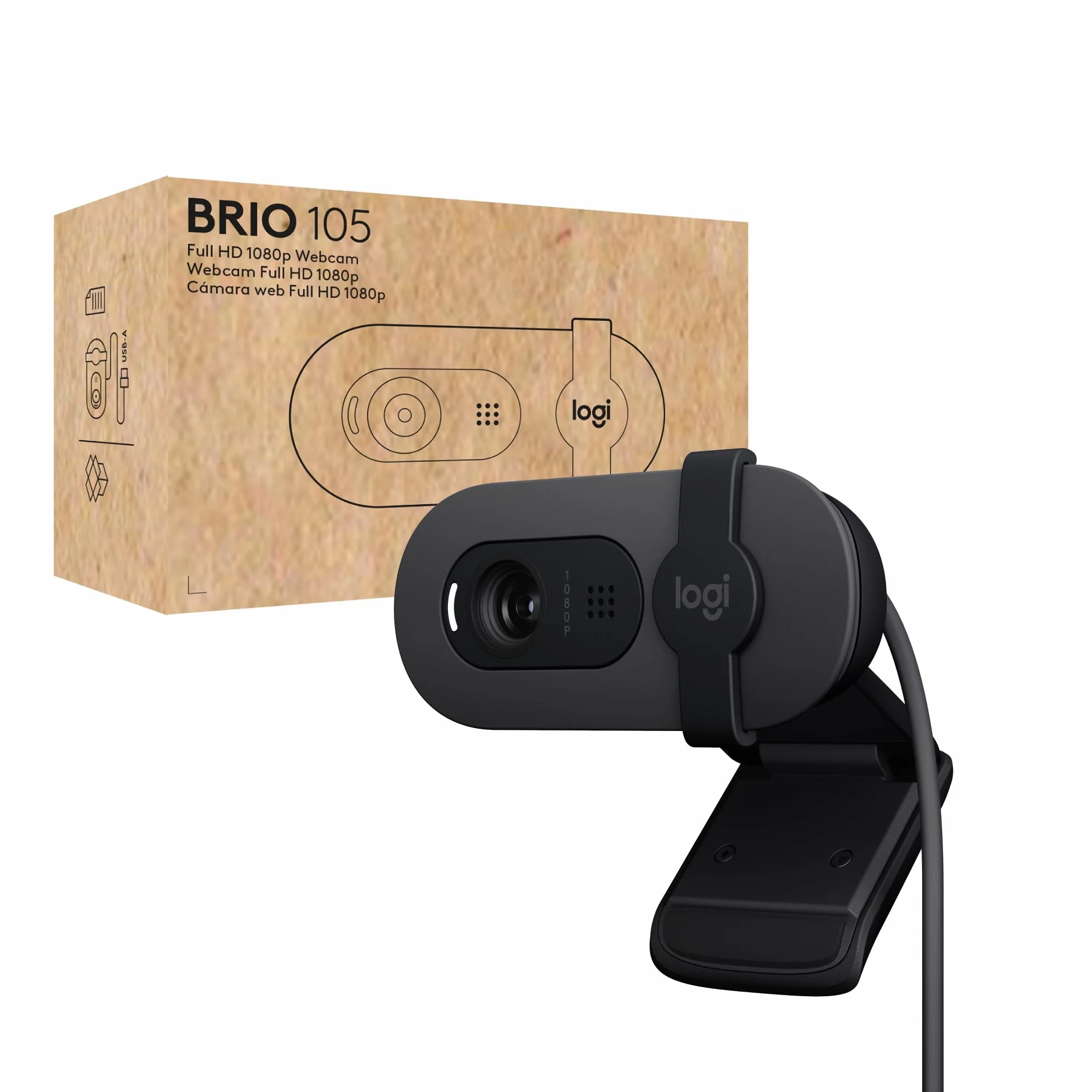 Logitech Brio 105 biznesowa kamera internetowa z Full HD i 1080p, automatyczne wyrównanie oświetlenia, USB-A, maskownica, łatwa konfiguracja, kompatybilna z Windows, macOS, ChromeOS - grafitowa