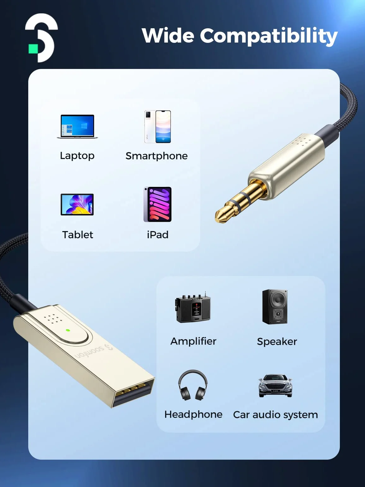 Samochodowy adapter Bluetooth Aux, odbiornik 5.1 Bluetooth z mikrofonem do muzyki i zestawu głośnomówiącego, kompatybilny z domowym zestawem stereo, słuchawkami, głośnikami itp.