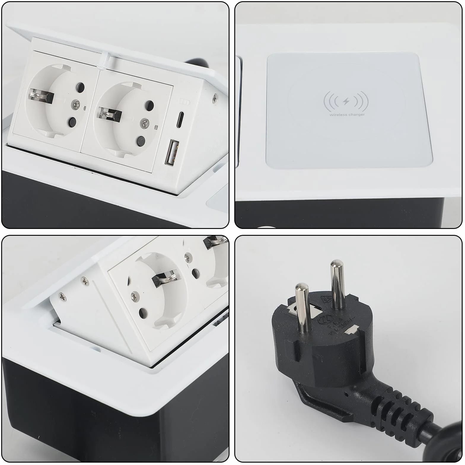 Wysuwane gniazdko elektryczne, 2 gniazda wtykowe do zabudowy, z USB i bezprzewodową ładowarką 15 W, typ C, 20 W, szybkie ładowanie, gniazdko stołowe, do biura, blatu roboczego (białe)
