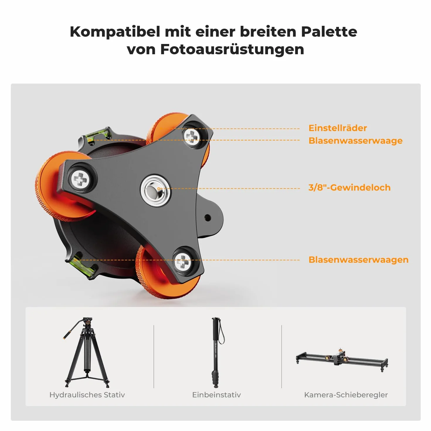 K&F Concept Podstawa do poziomowania głowicy statywu, aluminiowa podstawa poziomująca ze śrubą 3/8", precyzyjna regulacja kąta -5°, trójkołowiec do makro fotografii panoramicznej, z adapterem 1/4 na 3