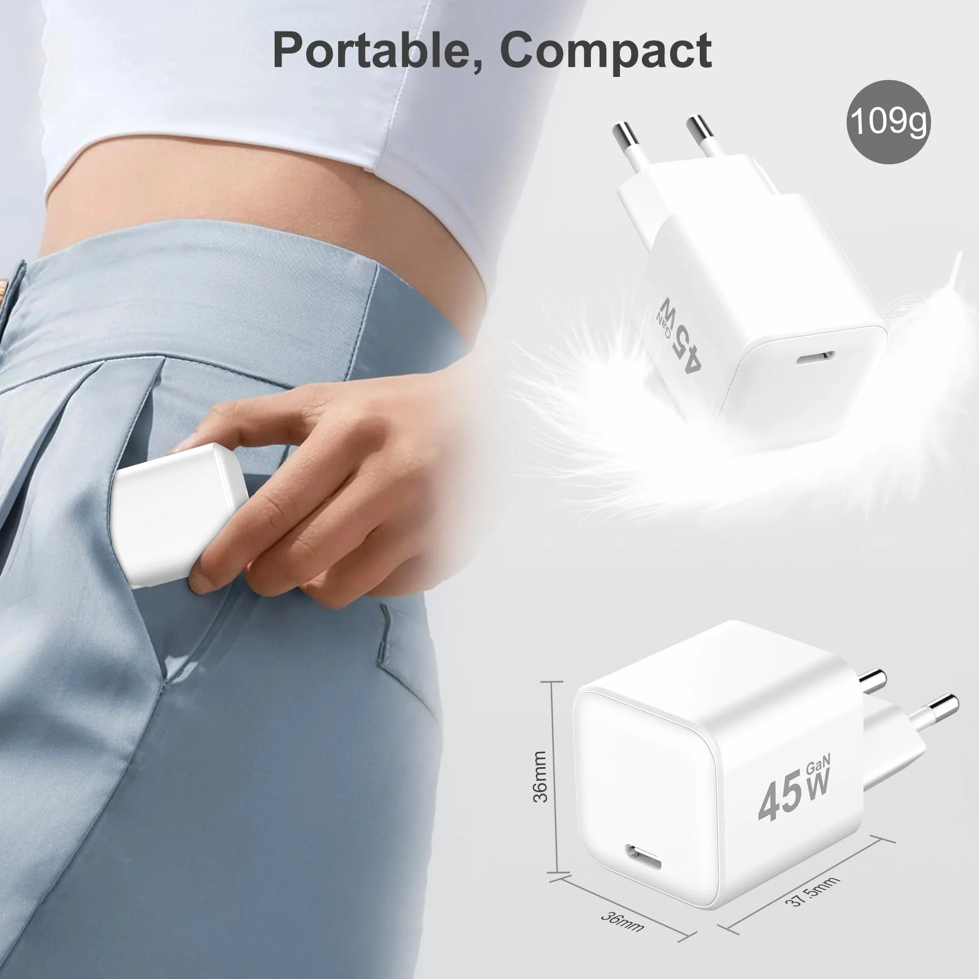 YISH 45W Ładowarka USB C GaN Szybka Ładowarka: Zasilacz USB C Fast Chargers USB C PD3.0 kompatybilny z iPhone 17 16 15 Galaxy S25 S24 Szybka Ładowarka Wtyczka USB-C (mit 1m Kabla Typu C 60W)