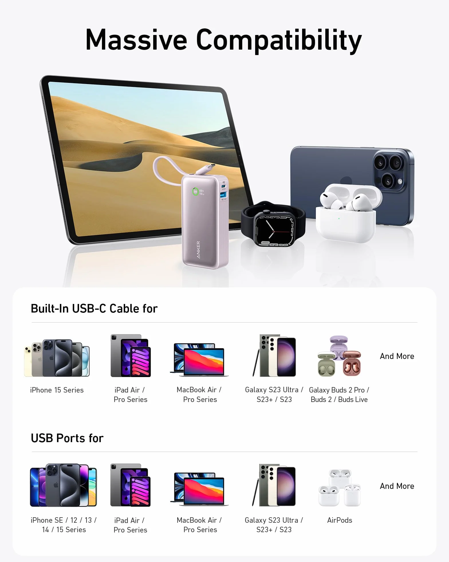 Anker Nano Powerbank, 10 000 mAh Powerbank z wbudowanym kablem USB-C, PD 30 W maksymalna moc z 1 x USB-C, 1 x USB-A, kompatybilny z iPhone 16/15/14, MacBook, Galaxy, iPad, AirPods i innymi