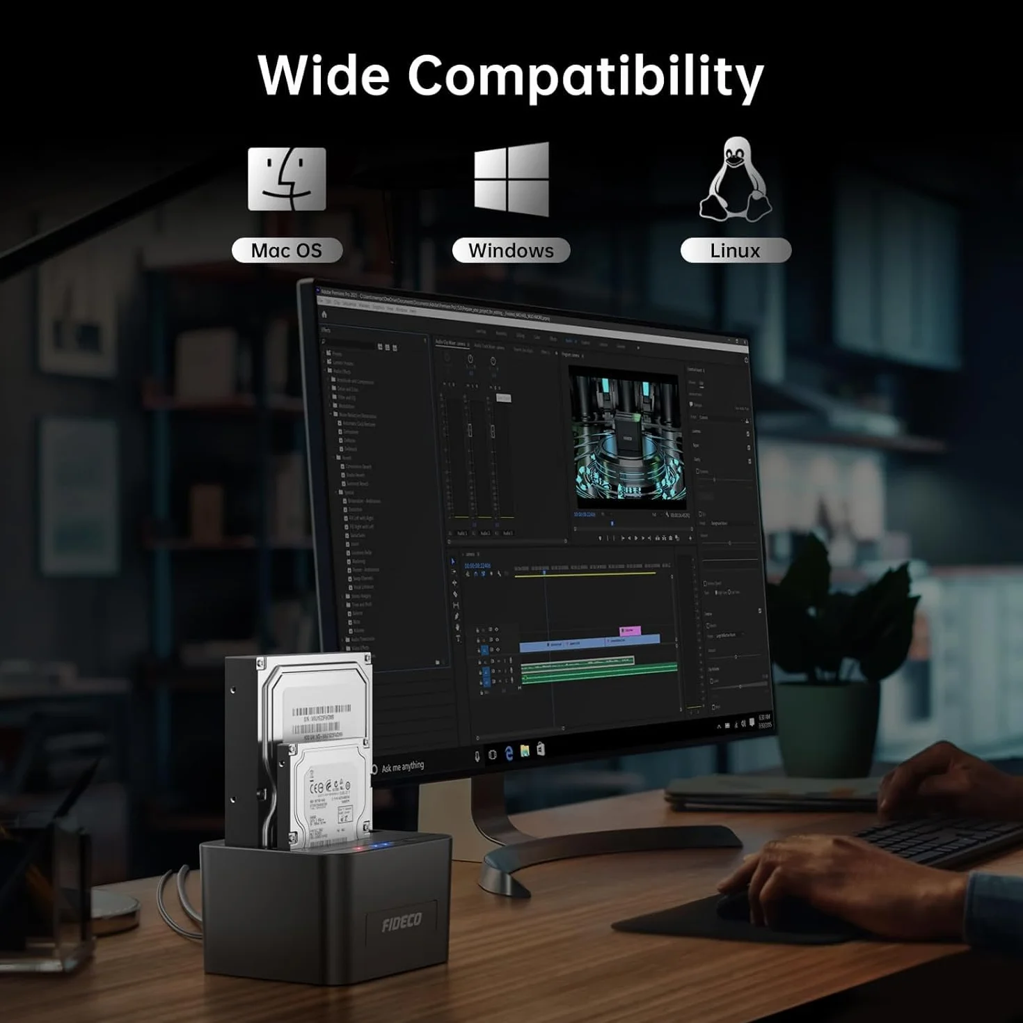 Fideco Stacja dokująca do dysków twardych, stacja dokująca USB 3.0, SATA, HDD dla 2,5 i 3,5-calowych dysków twardych SATA / SSD, podwójna zatoka, obsługuje klonowanie offline i UASP