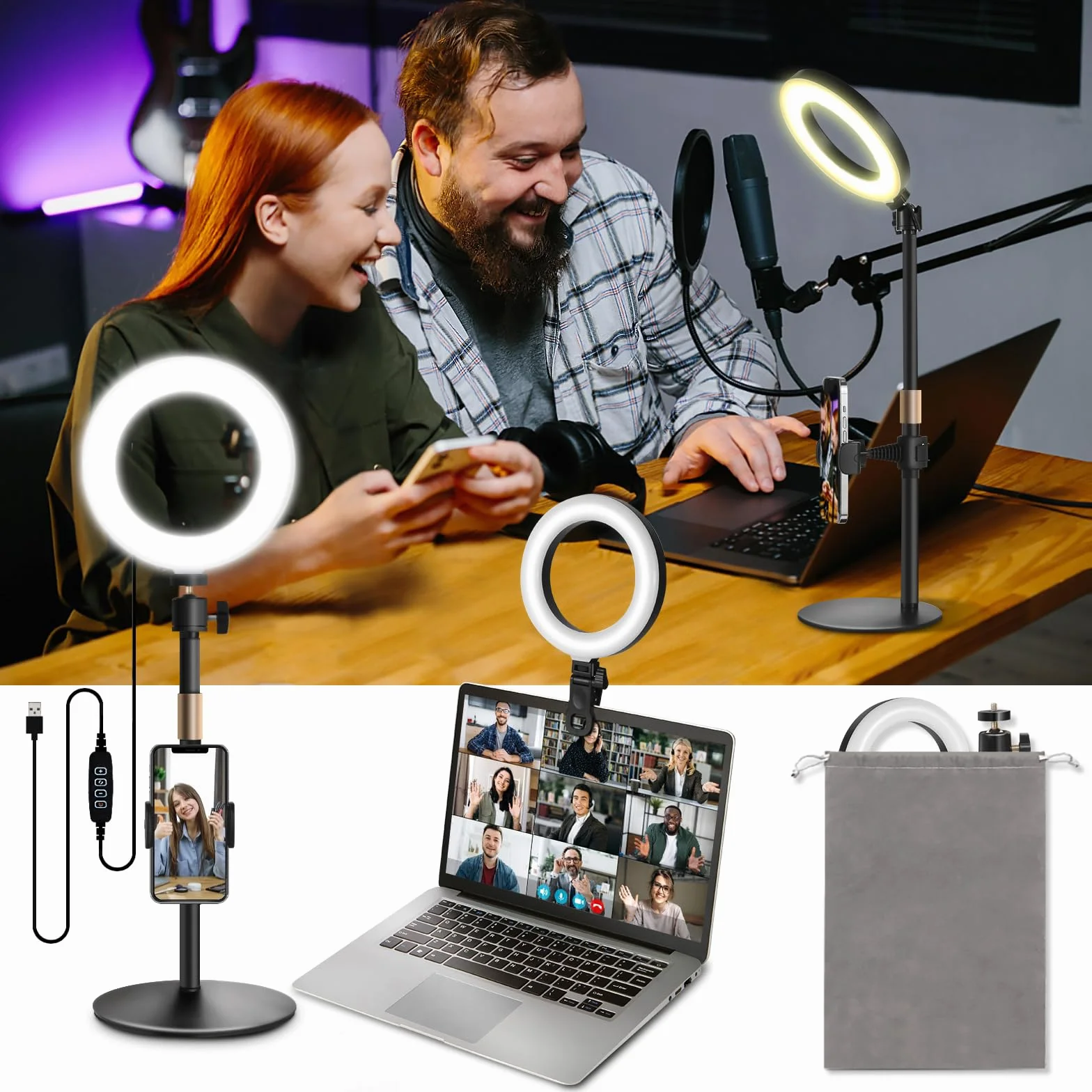 Railee Światło Pierścieniowe z Statywem i Klipsem 6'' Lampa Pierścieniowa ze Uchwyt na Telefon Oświetlenie Wideokonferencji do Laptopa Komputera Monitora Selfie Vlog Makijażu Strumieniowania na Żywo