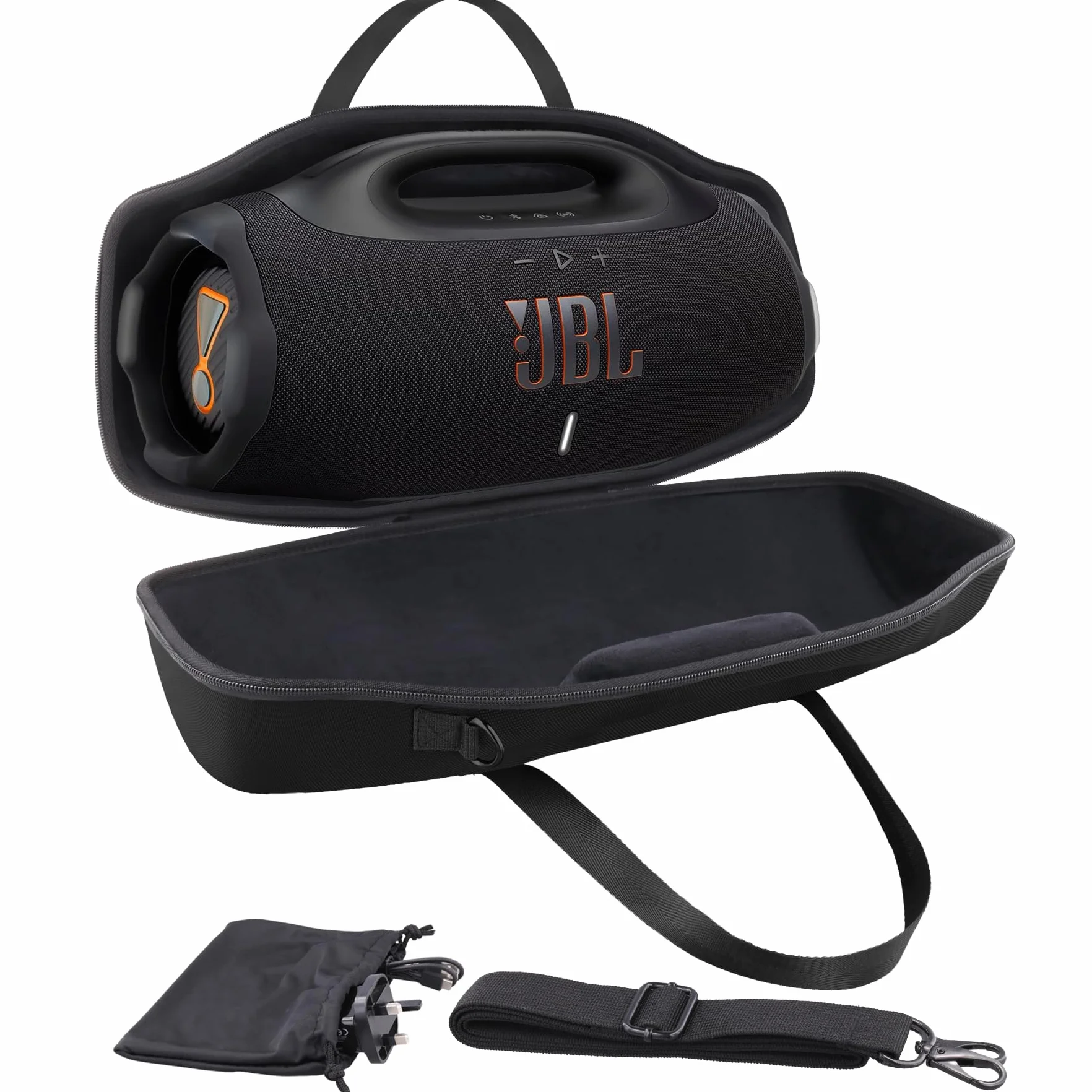 co2CREA Twarde etui podróżne z mini torbą na akcesoria i paskiem na ramię do głośnika Bluetooth JBL Boombox 3 WiFi/Boombox 2, Czarny, Fits JBL Boombox 4