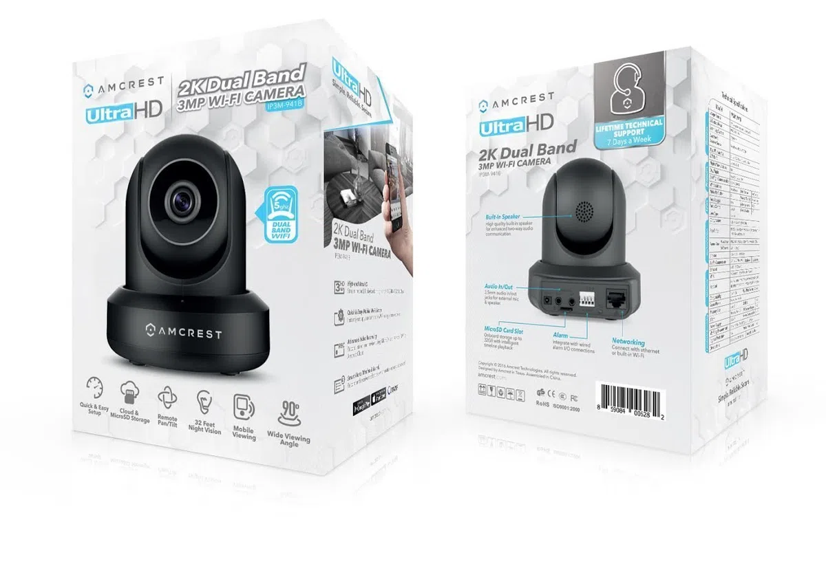 Amcrest UltraHD kamera WiFi 2K 3MP (2304TVL) dwuzakresowa 5 GHz / 2,4 GHz wewnętrzna kamera IP do monitoringu panoramicznego/pochylenia, domowy system bezpieczeństwa wideo z noktowizorem na