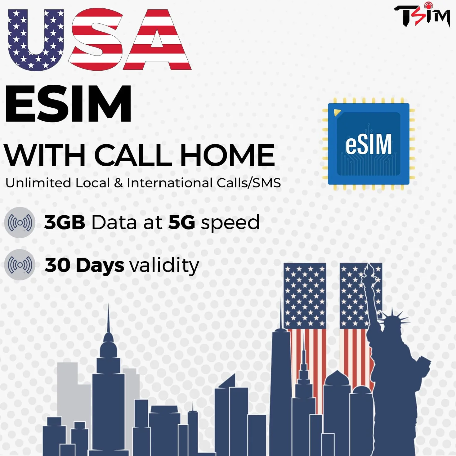 USA eSIM 3 GB danych 5G Nieograniczone połączenia lokalne i międzynarodowe SMS Hotspot 30-dniowy plan przedpłacony