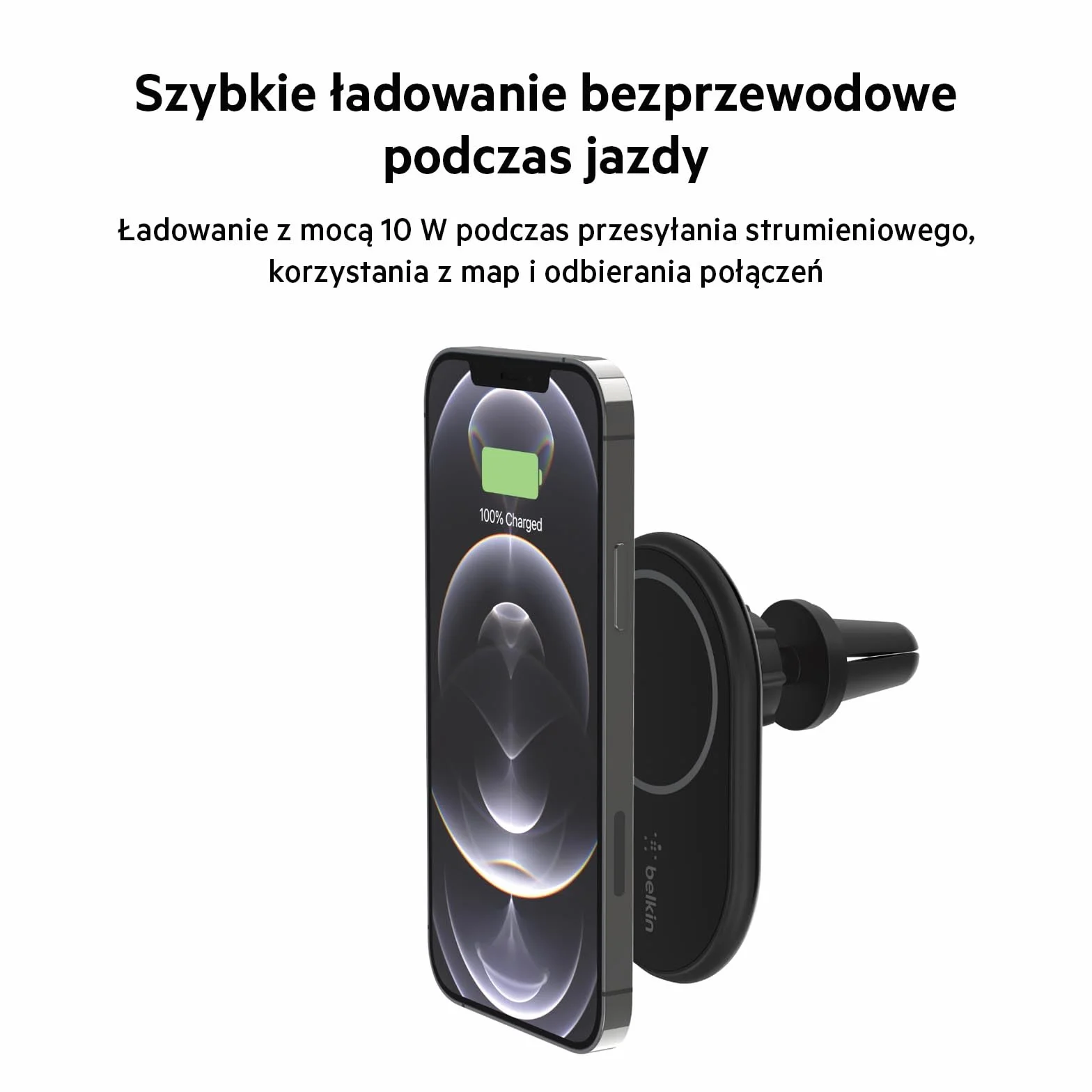 Belkin BoostCharge Magnetyczny uchwyt z ładowarką bezprzewodową zgodny z obsługującymi MagSafe telefonami