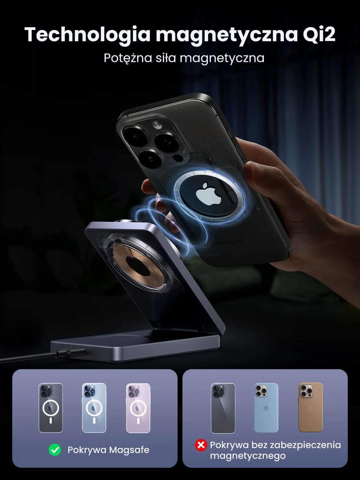 UGREEN MagFlow Qi2 stacja ładująca 15W magnetyczna 2w1 składana bezprzewodowa do iPhone 17/16/15/14/13/12 AirPods
