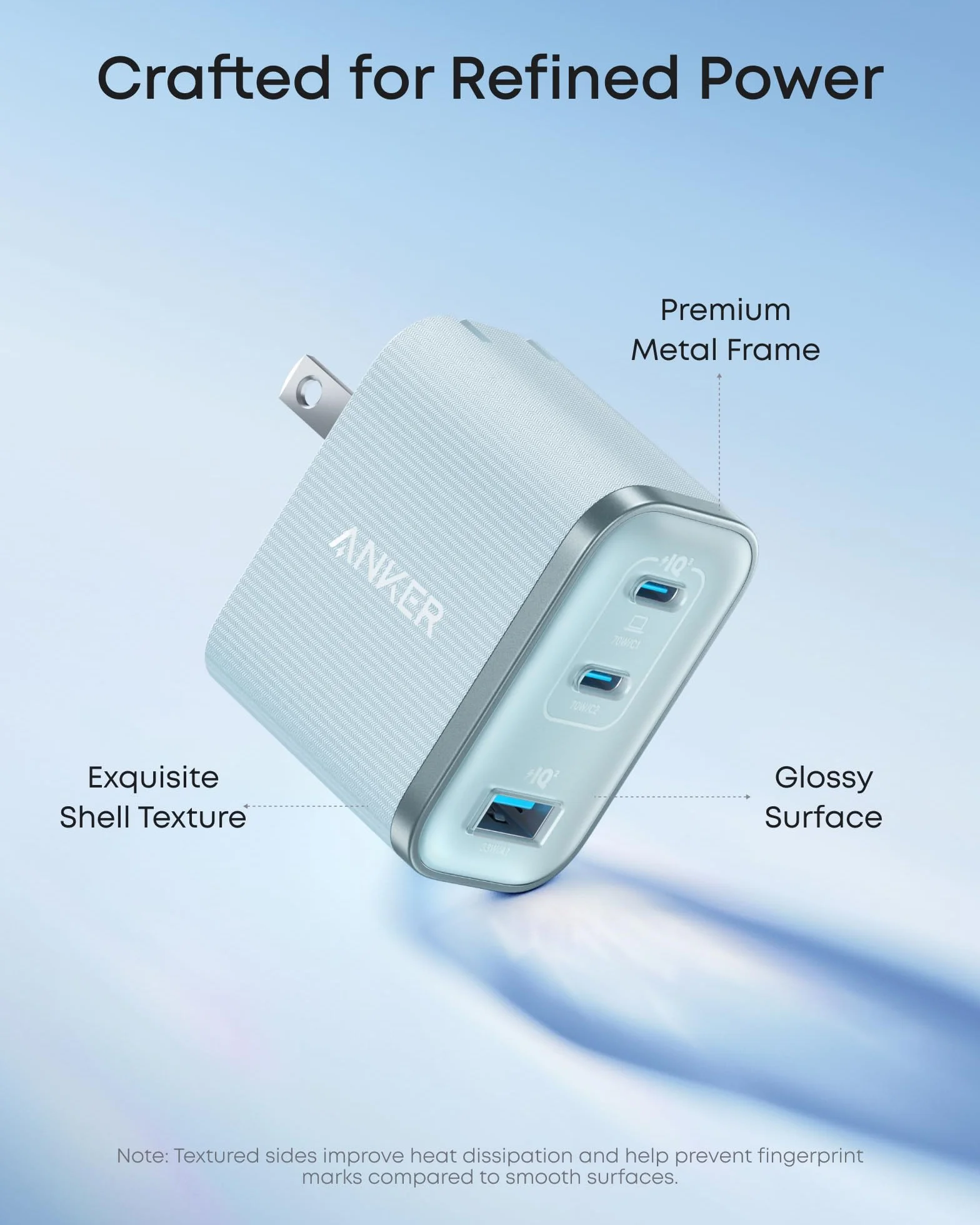 Ładowarka Anker Nano USB C, ultraszybka ładowarka 3-portowa typu C o mocy wyjściowej 70 W, szybkie ładowanie, kompaktowa i stylowa, do iPhone'a 17/16, MacBooka, iPada (niebieski)