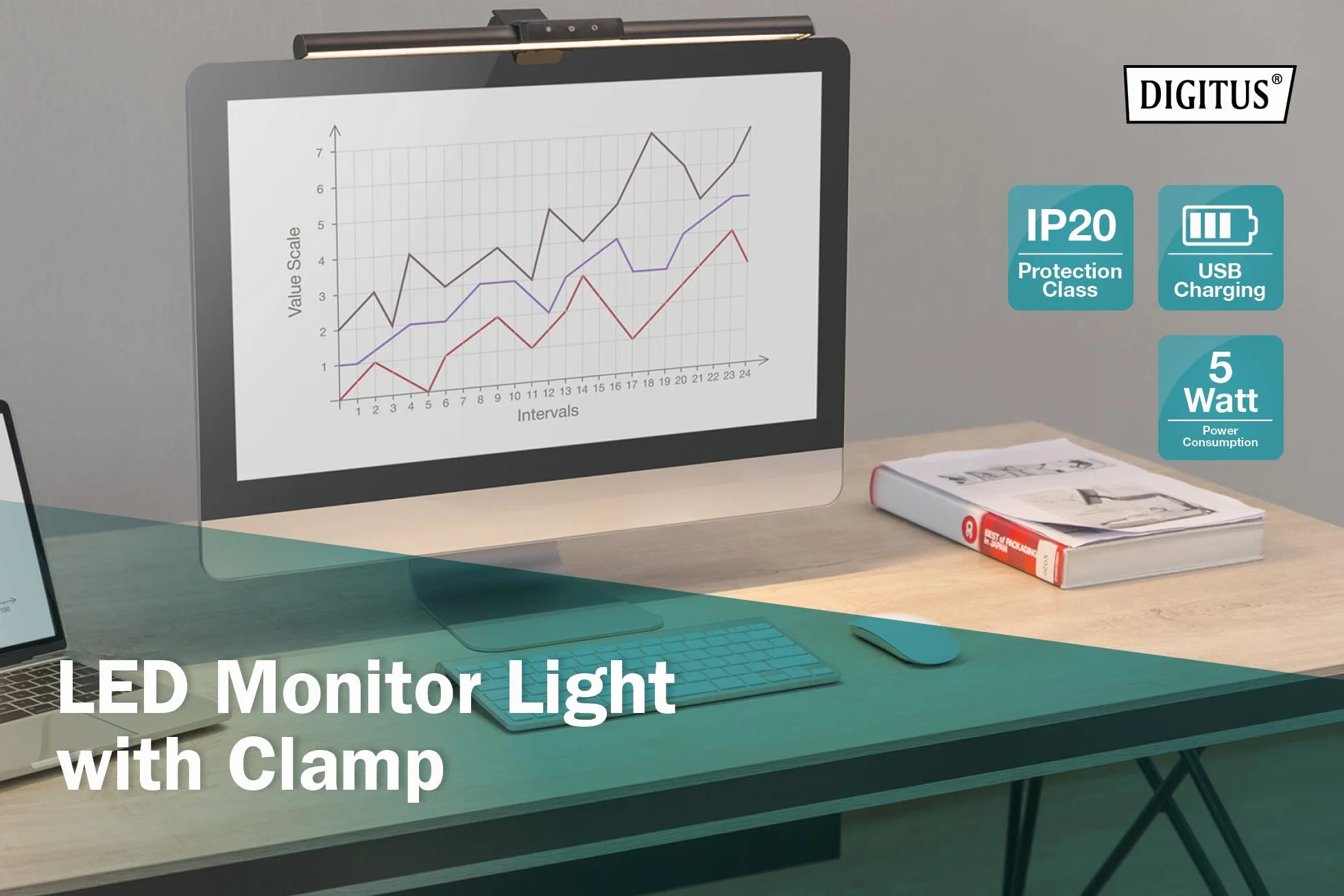 DIGITUS Lampka do monitora LED z mocowaniem zaciskowym - Możliwość ściemniania - 5 poziomów jasności - Regulowana temperatura barwowa - 250 lumenów - Lampa biurkowa - Lampa ekranowa - Czarny