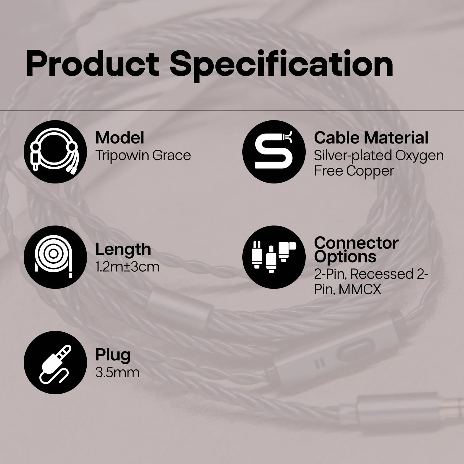 Tripowin Grace Odpinany posrebrzany beztlenowa miedź OFC In Ear kabel słuchawkowy z mikrofonem 0,78 mm 2pin