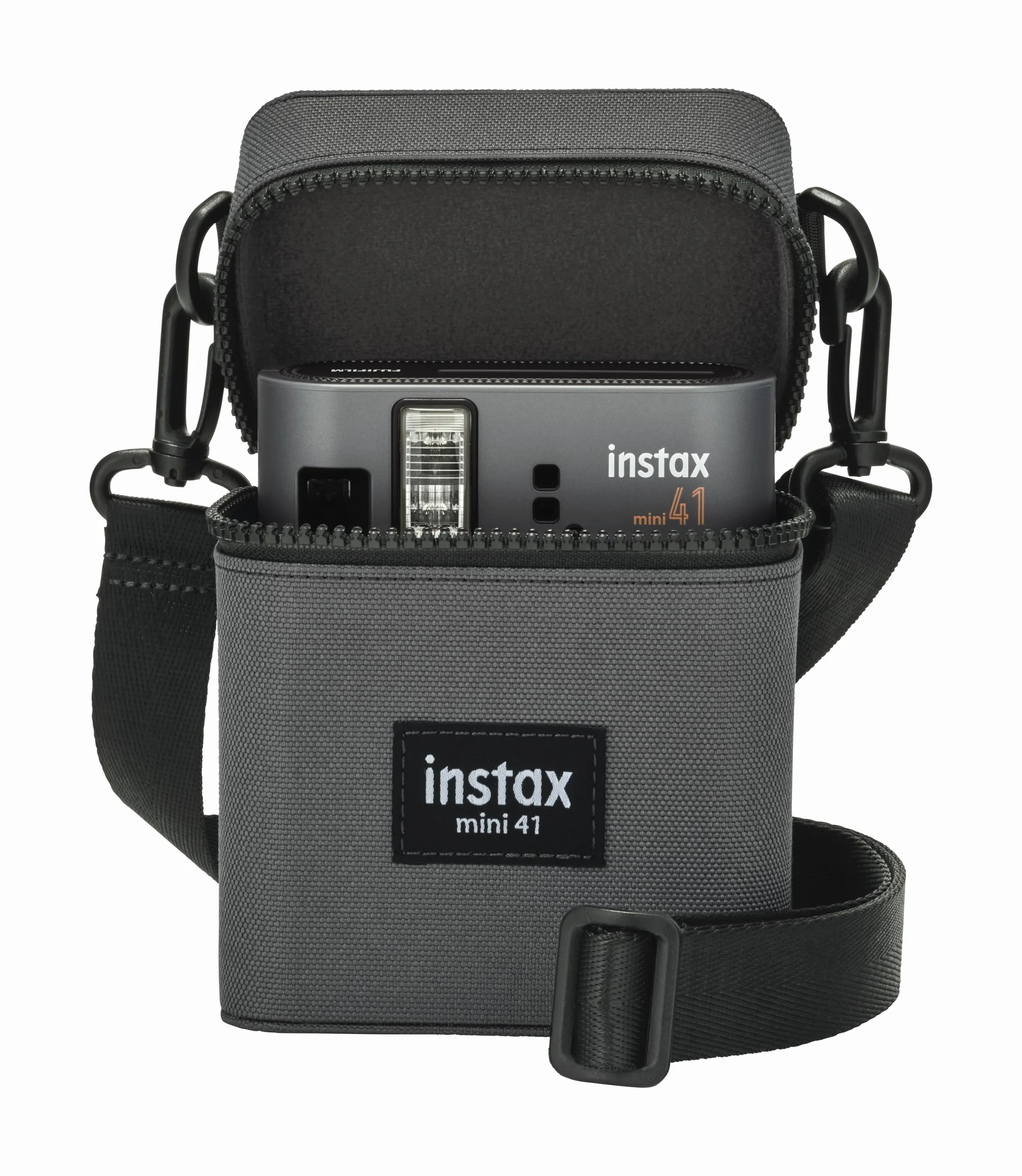 instax Mini 41 etui na aparat błyskawiczny z paskiem na ramię, zapinaną na zamek błyskawiczny etui na aparat i tylną kieszenią foliową, wykończone hartowaną tkaniną Charcoal Grey