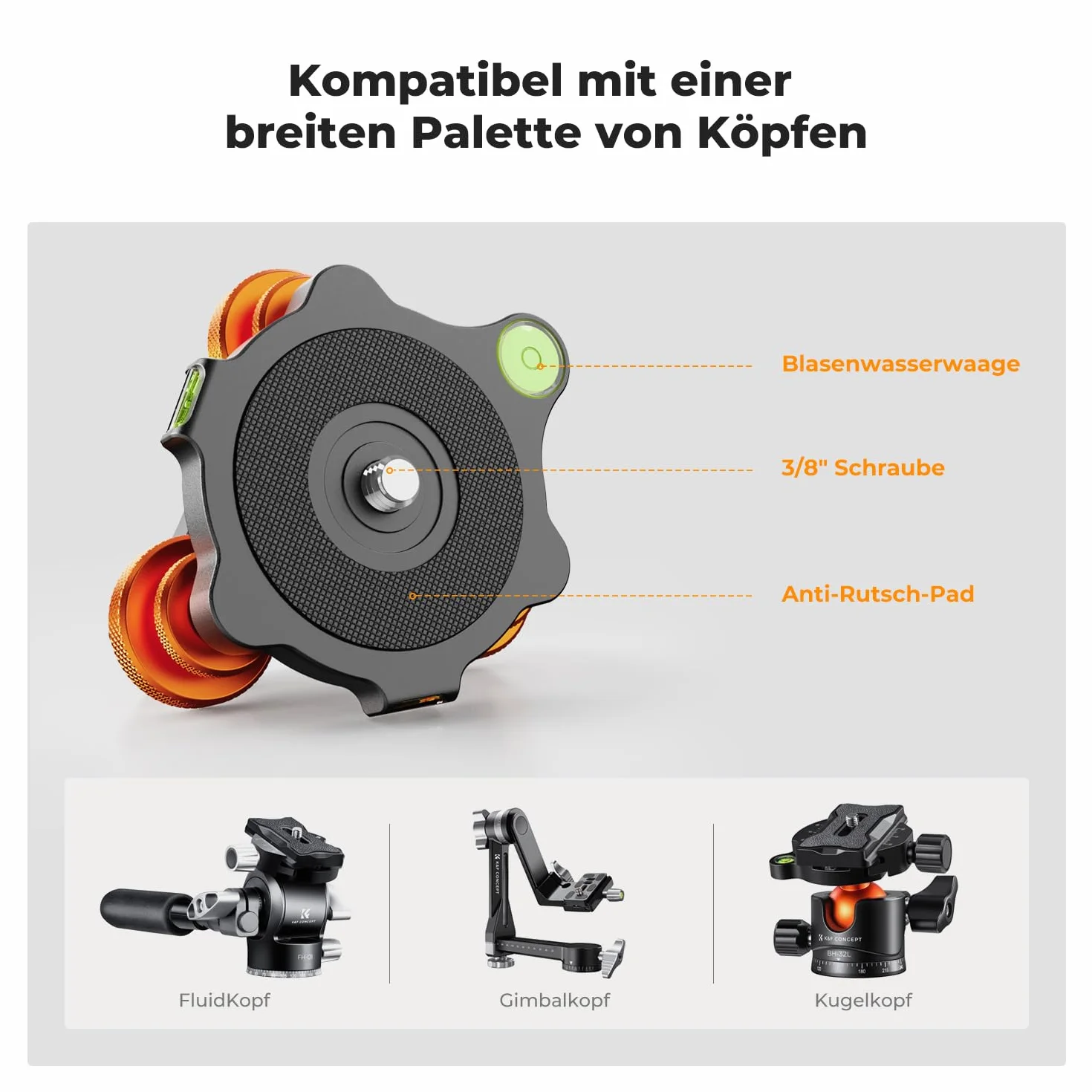 K&F Concept Podstawa do poziomowania głowicy statywu, aluminiowa podstawa poziomująca ze śrubą 3/8", precyzyjna regulacja kąta -5°, trójkołowiec do makro fotografii panoramicznej, z adapterem 1/4 na 3