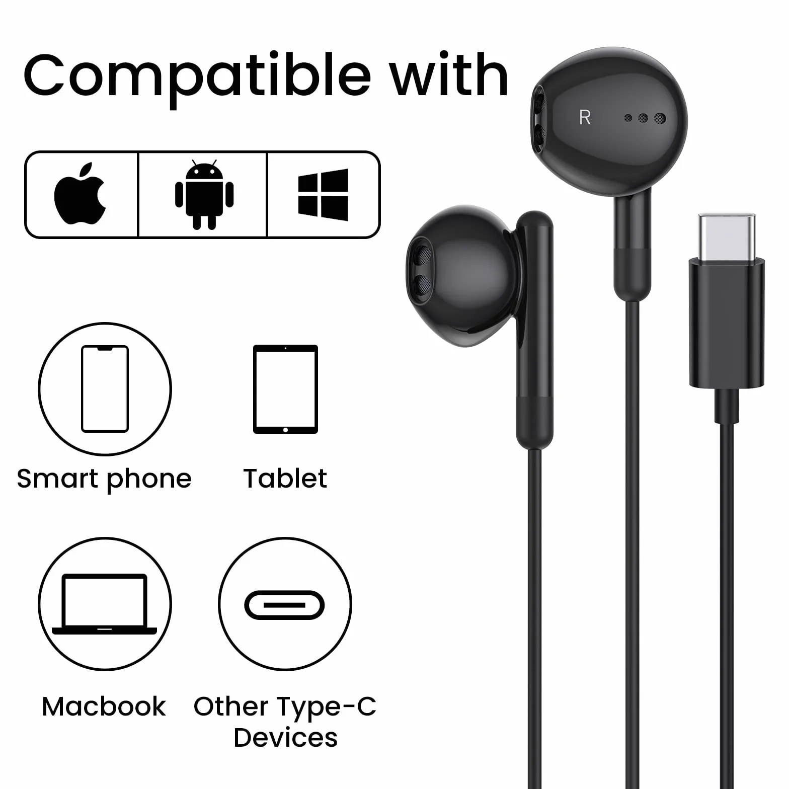 Słuchawek USB C, kabel słuchawkowy USB typu C z mikrofonem i regulacją głośności, do Huawei, One Plus, Google, Samsunga, Xiaomi, lekkie słuchawki douszne ze słuchawkami USB C (Czarny)