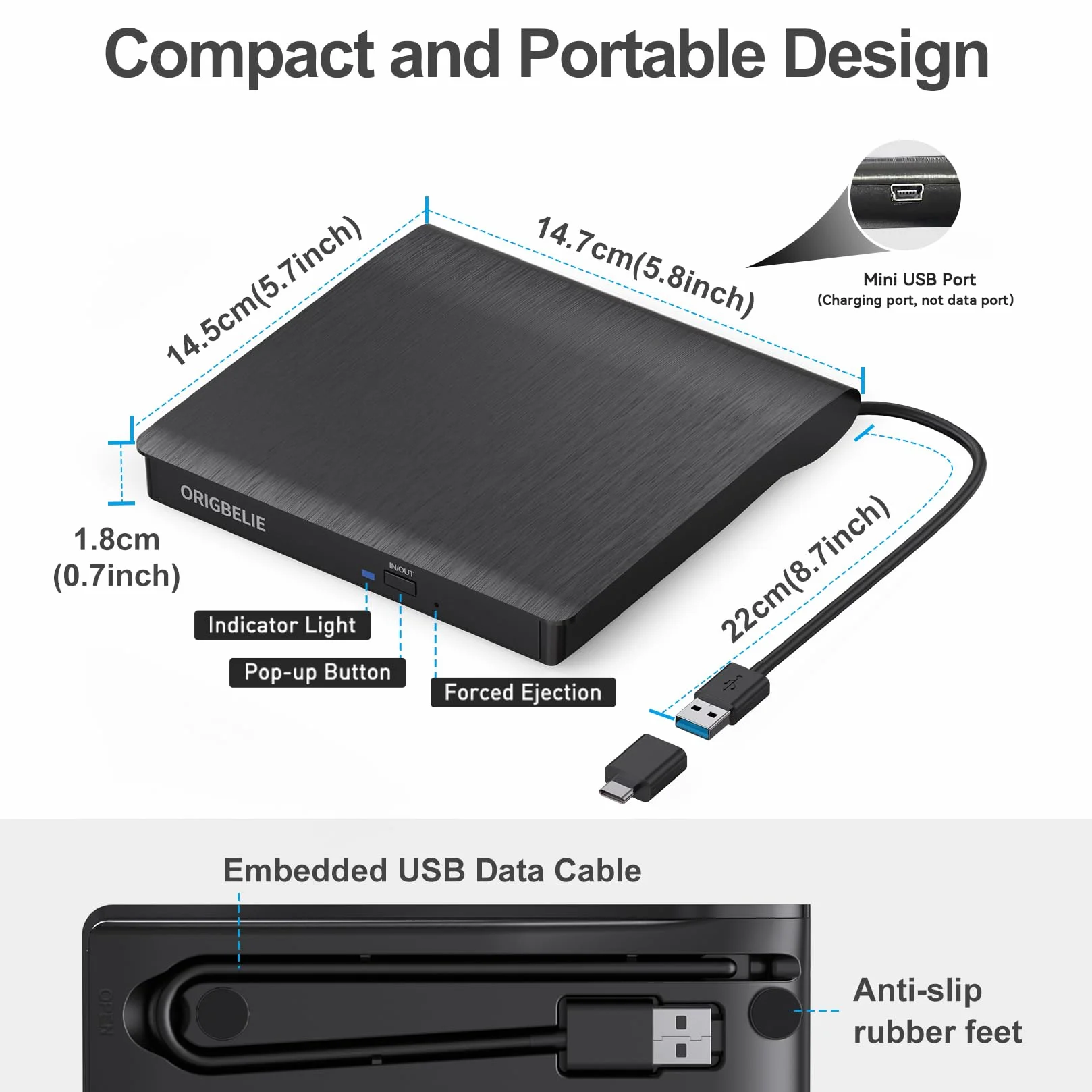 ORIGBELIE Zewnętrzny napęd CD/DVD dla laptopa, USB 3.0 nagrywarka CD +/-RW CD ROM Zewnętrzny napęd DVD Przenośny odtwarzacz DVD dla laptopa, komputera stacjonarnego PC Apple Mac Windows 11/10/8/7/XP
