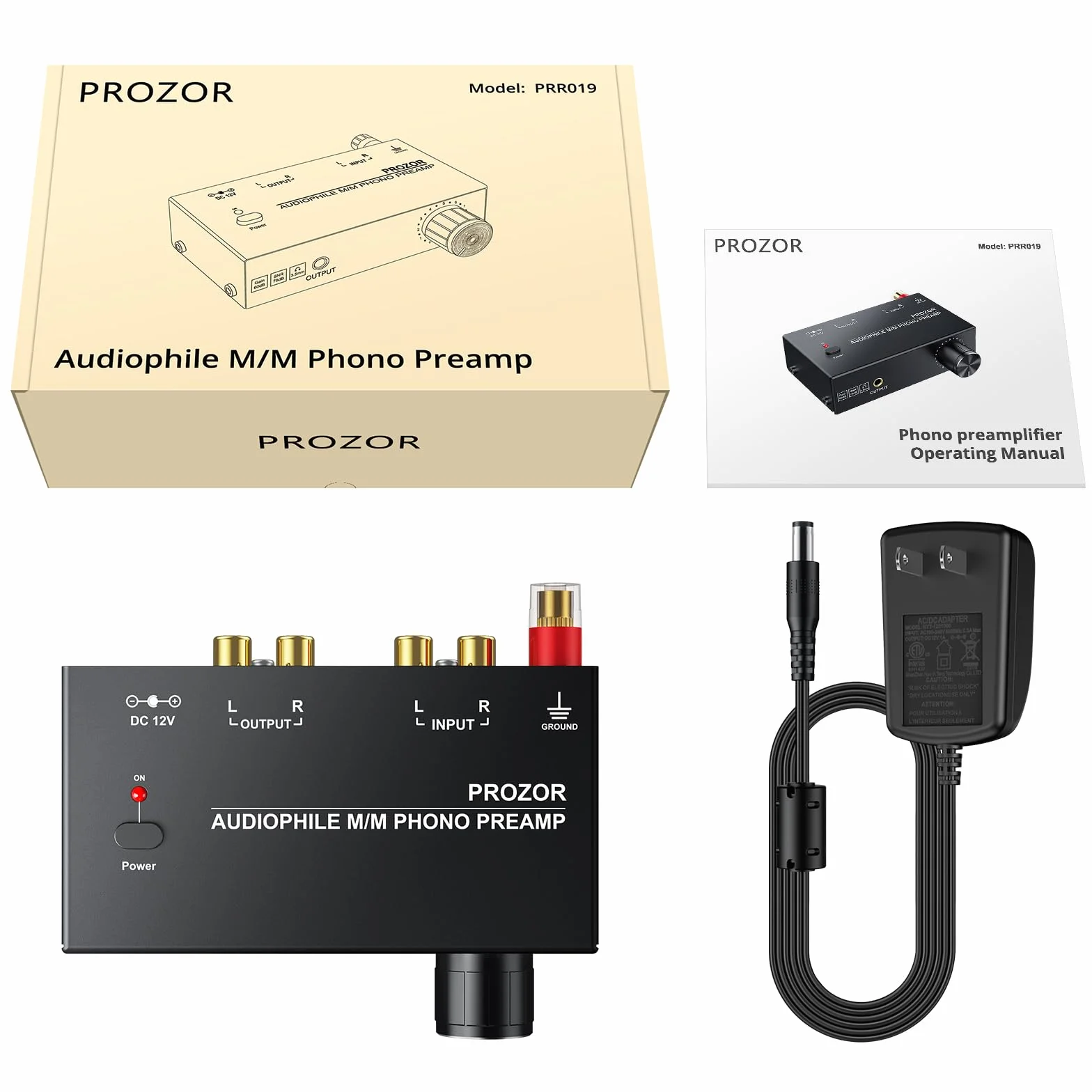 PROZOR Przedwzmacniacz gramofonowy M/M do gramofonów 3.5mm jack 12V/1A z magnetycznym pierścieniem zasilającym Regulacja poziomu Optyczna na złączach wejściowych i wyjściowych RCA