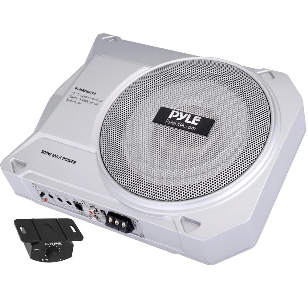 Pyle 10-calowy niskoprofilowy wzmacniany system subwoofera - 900 W Kompaktowy, zamknięty aktywny morski subwoofer samochodowy z wbudowanym wzmacniaczem, zasilany subwoofer samochodowy z wejściami