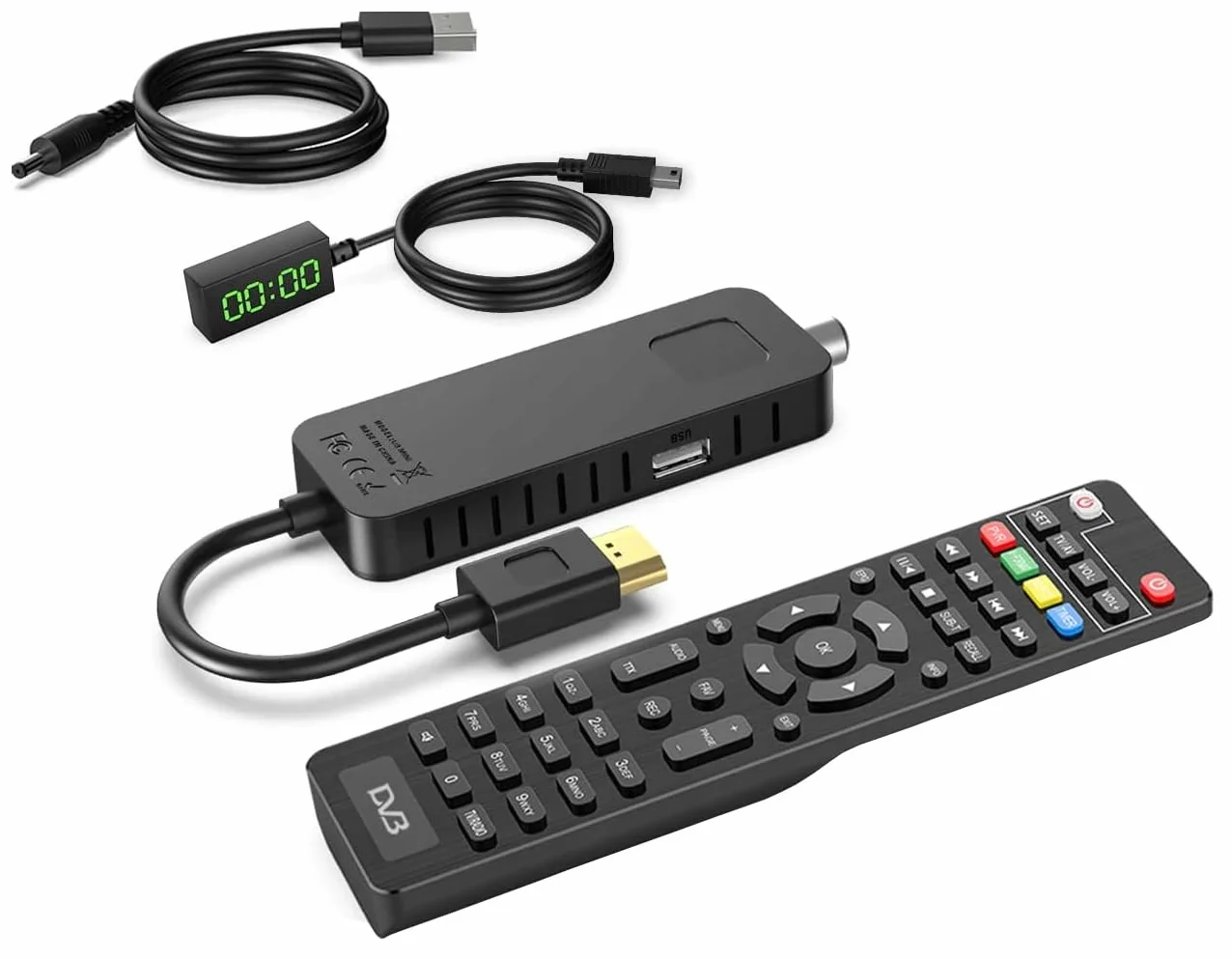 LTC Mini DVB-T2 HD Stick Receiver, H.265 HEVC dekoder, Full HD 1080p, programowalny pilot zdalnego sterowania 2 w 1, nagrywanie PVR, USB, HDMI, czujnik podczerwieni, czarny