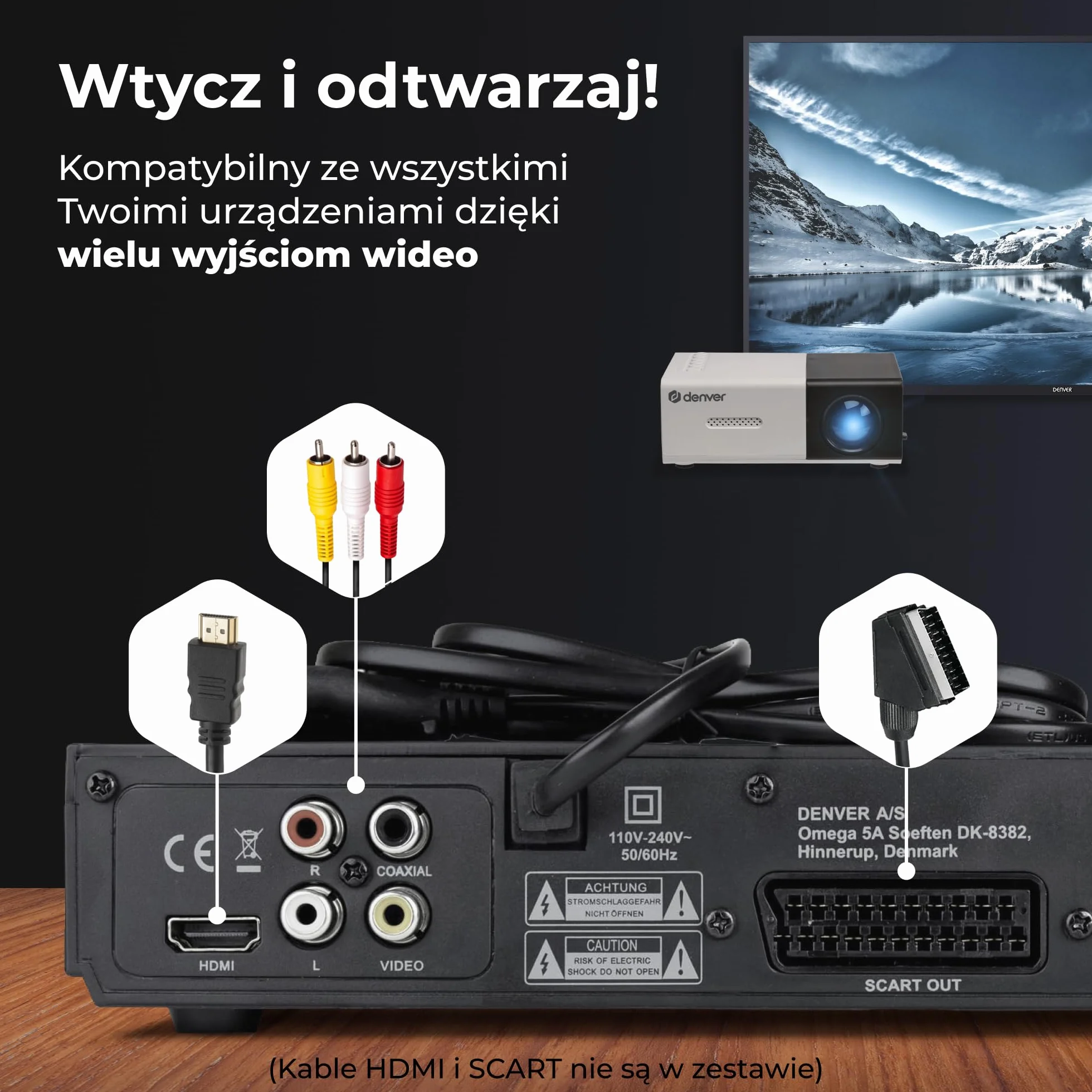 Denver DVH7787 Odtwarzacz DVD Do Telewizora, HDMI, Mini, Wszystkie Regiony, 1080p Upscaling, Dolby Digital, USB, Coax, Scart, Czarny