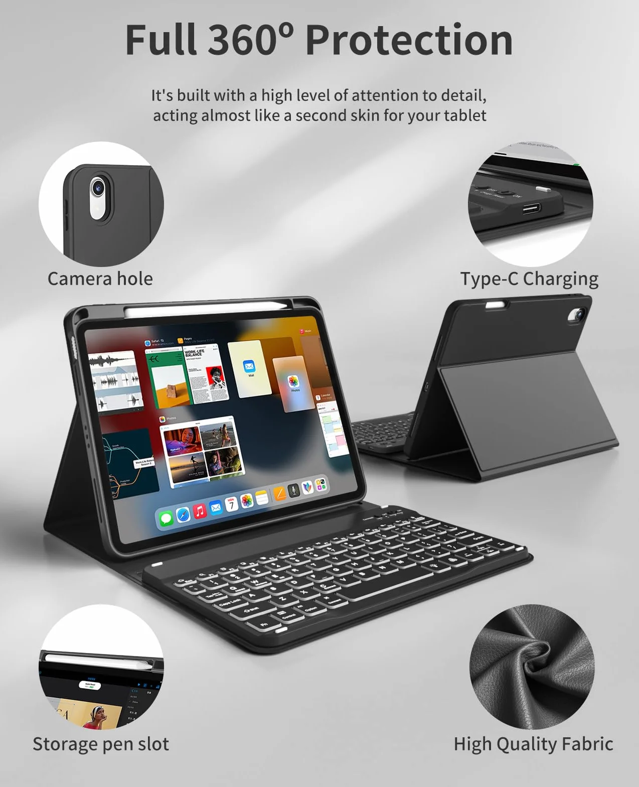 JKSML Etui na klawiaturę do iPad Air 11 cali M3/M2 (2025/2024) i iPad Air 5./4. generacji (2022/2020) 10,9 cala | klawiatura podświetlana w 7 kolorach | tylna obudowa TPU z uchwytem na rysik | układ